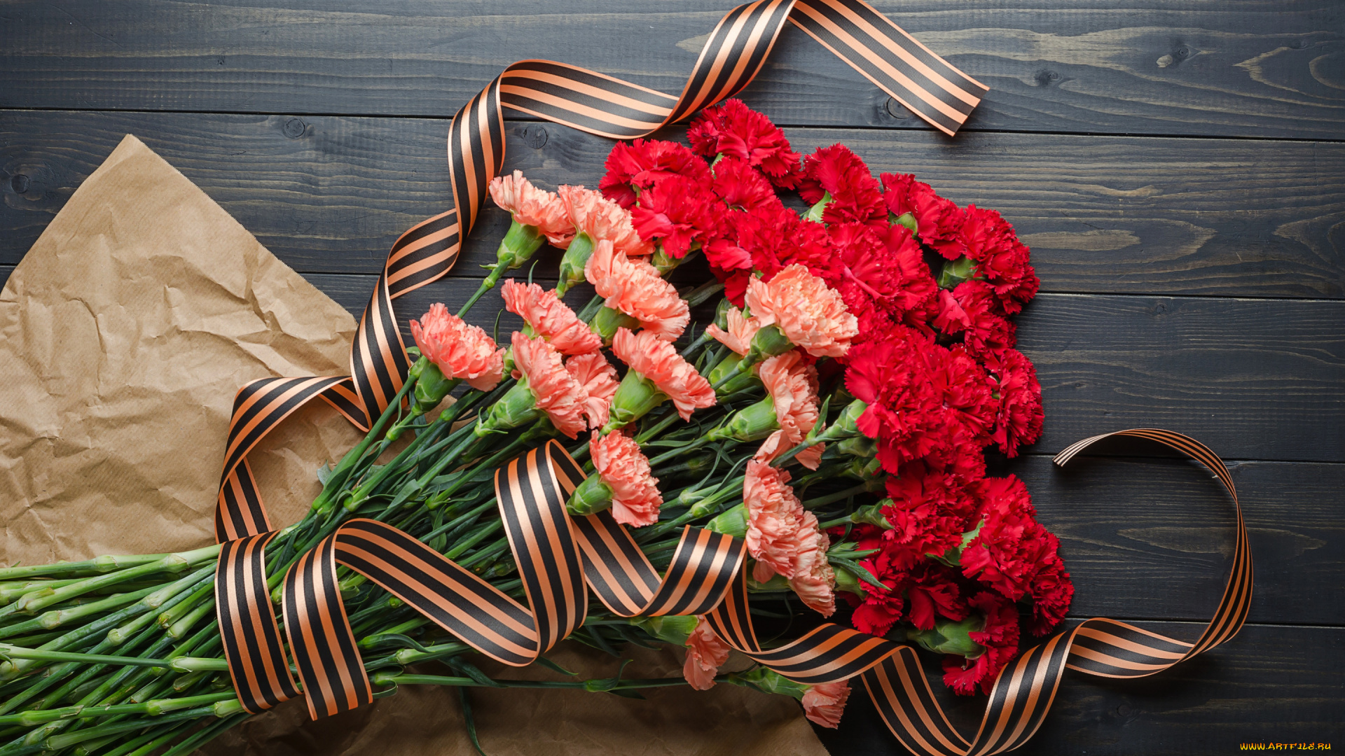 праздничные, день, победы, георгиевская, лента, букет, цветы