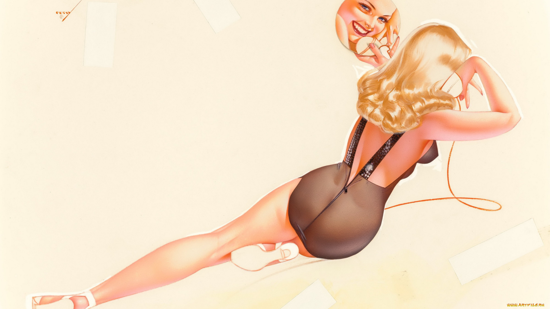 рисованное, alberto, vargas, девушка, блондинка, зеркало, телефон, боди, каблуки