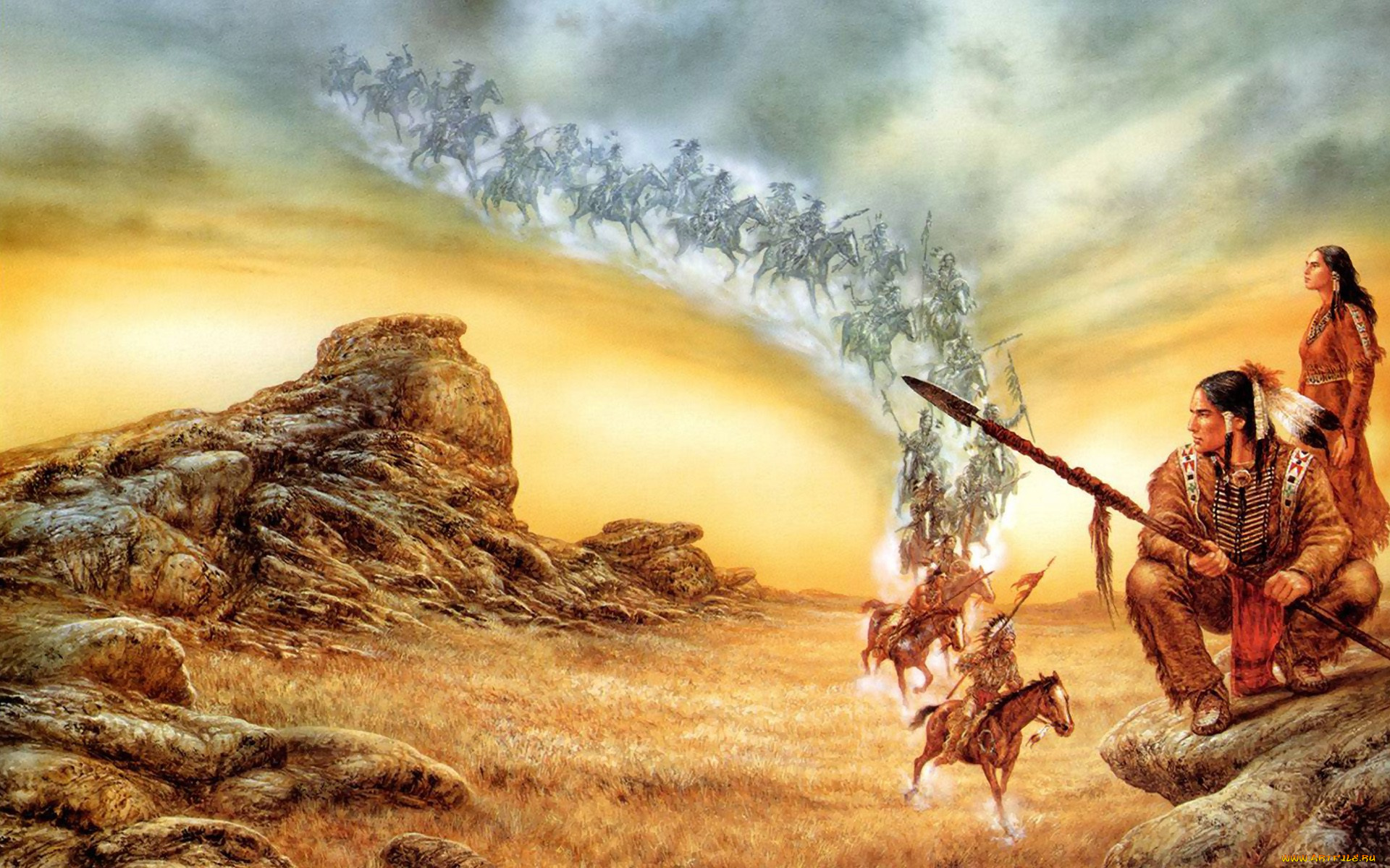 фэнтези, _luis, royo, индейцы, духи, всадники, скала