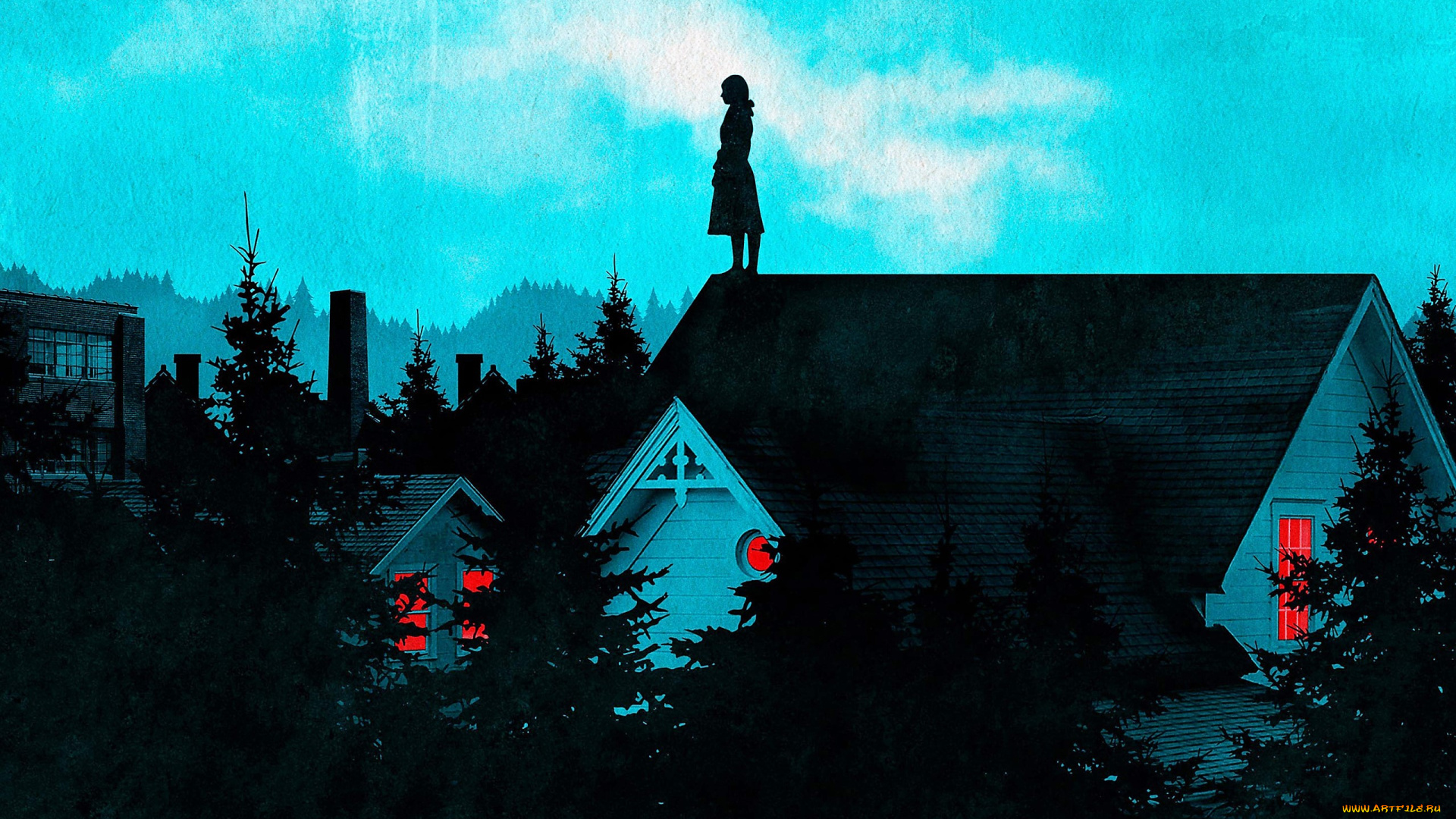 рисованное, кино, , мультфильмы, женщина, крыша, дома, деревья, фабрика