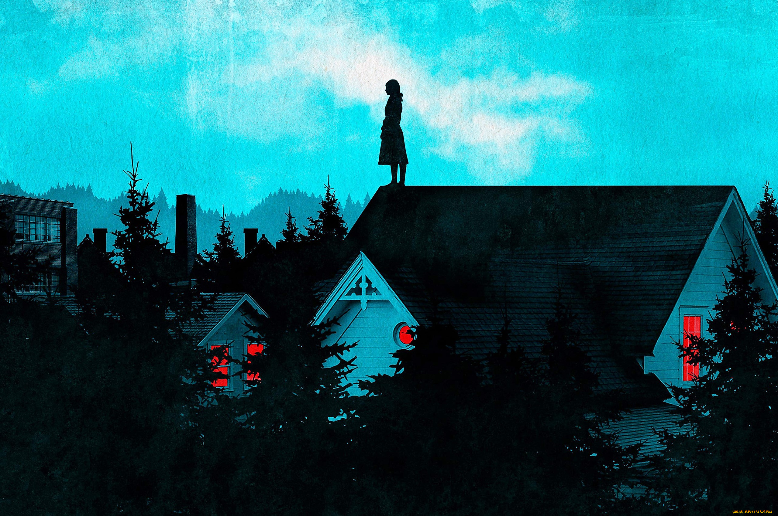 рисованное, кино, , мультфильмы, женщина, крыша, дома, деревья, фабрика