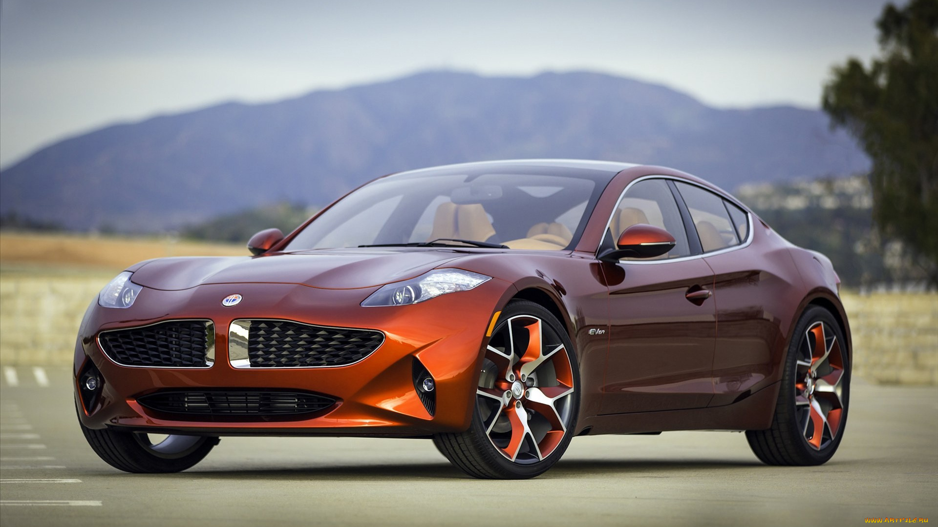 fisker, karma, автомобили, karma, оранжевый, гора, стоянка