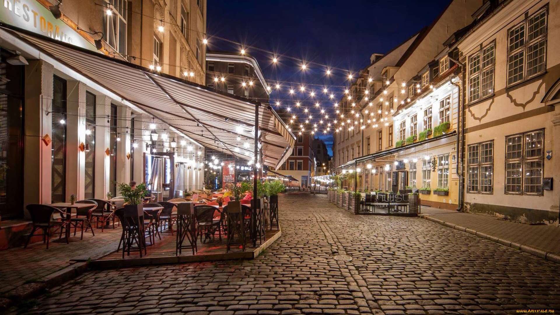 города, рига, , латвия, улица, кафе, иллюминация, вечер