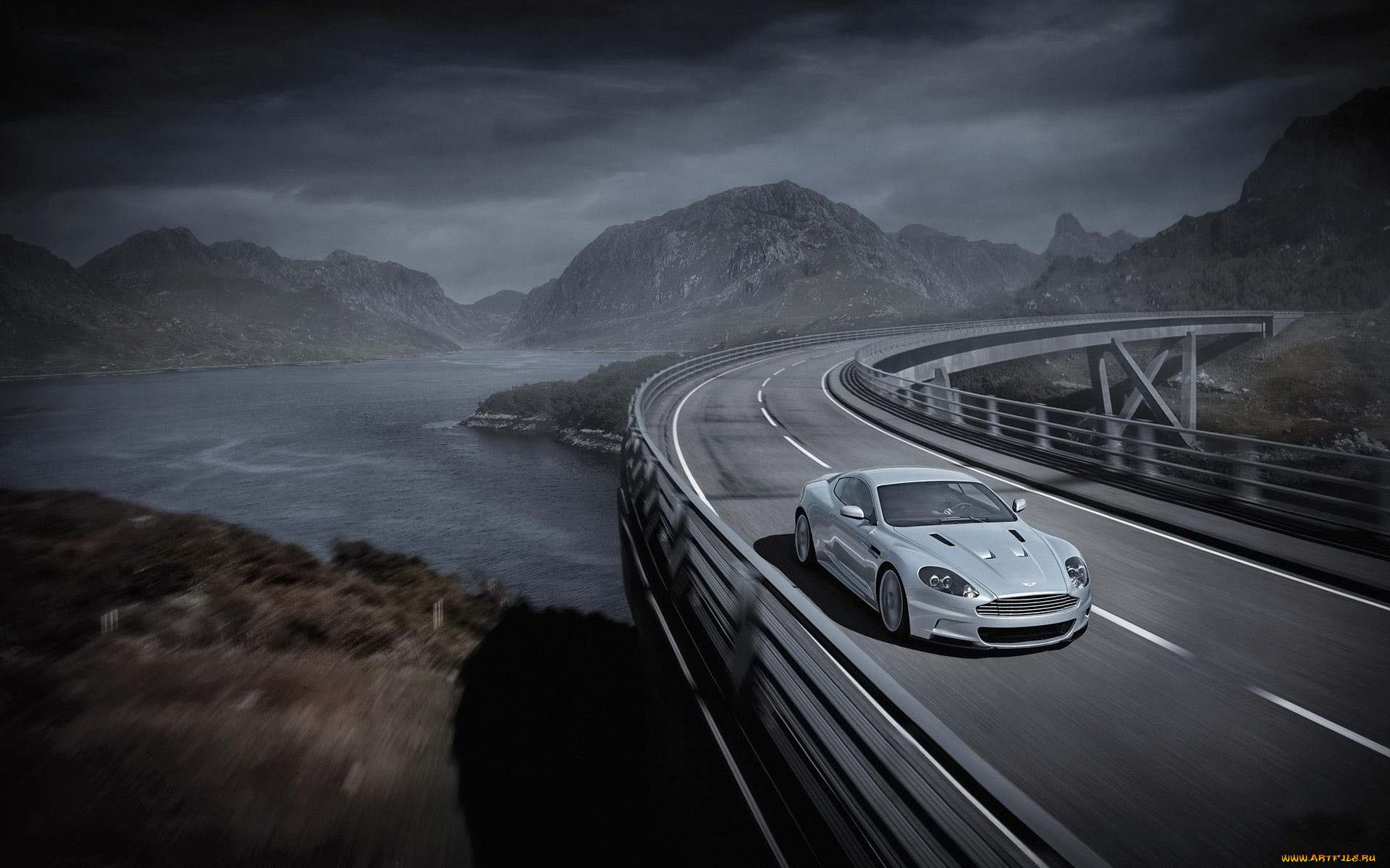 автомобили, aston, martin, серебристый, мост, скалы, река
