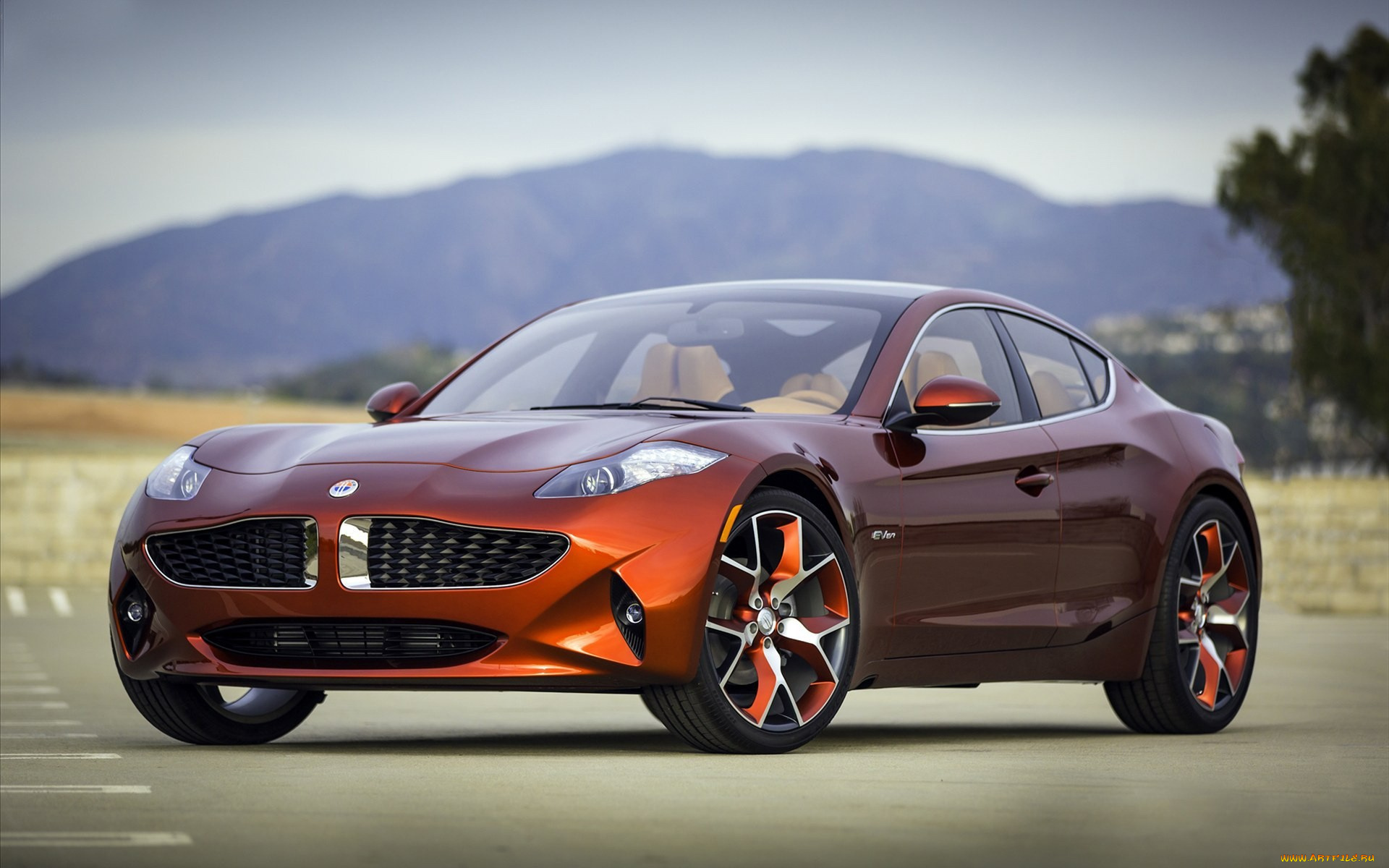 fisker, karma, автомобили, karma, оранжевый, гора, стоянка