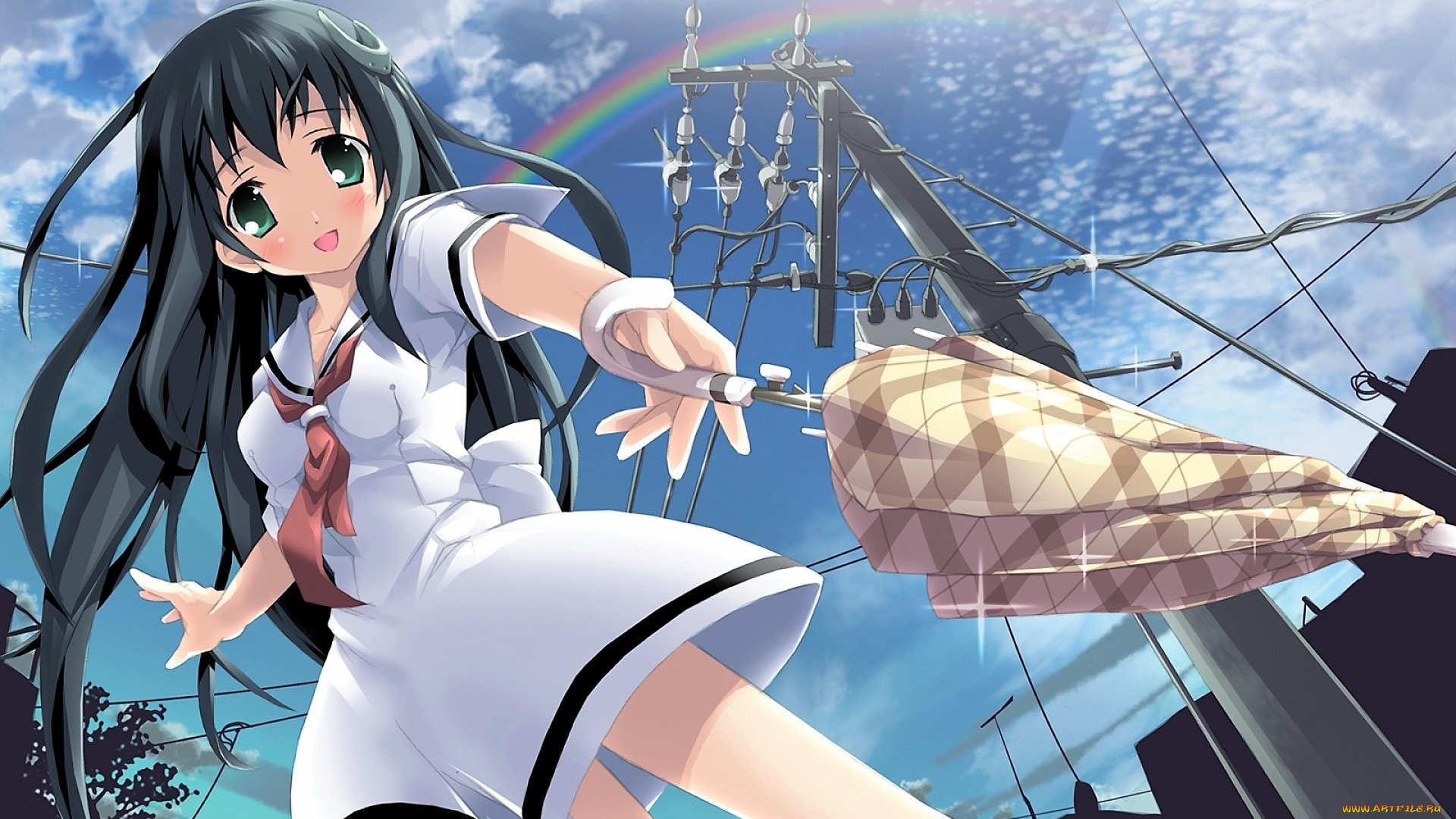 аниме, unknown, , другое, , девочка, зонт, радуга, столб