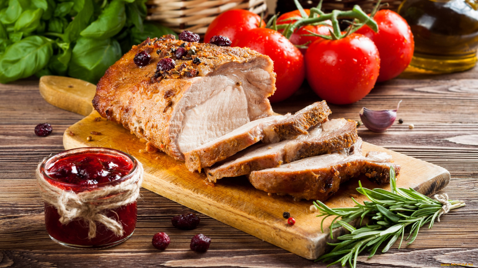 еда, мясные, блюда, мясо, буженина, джем, розмарин, помидоры, базилик