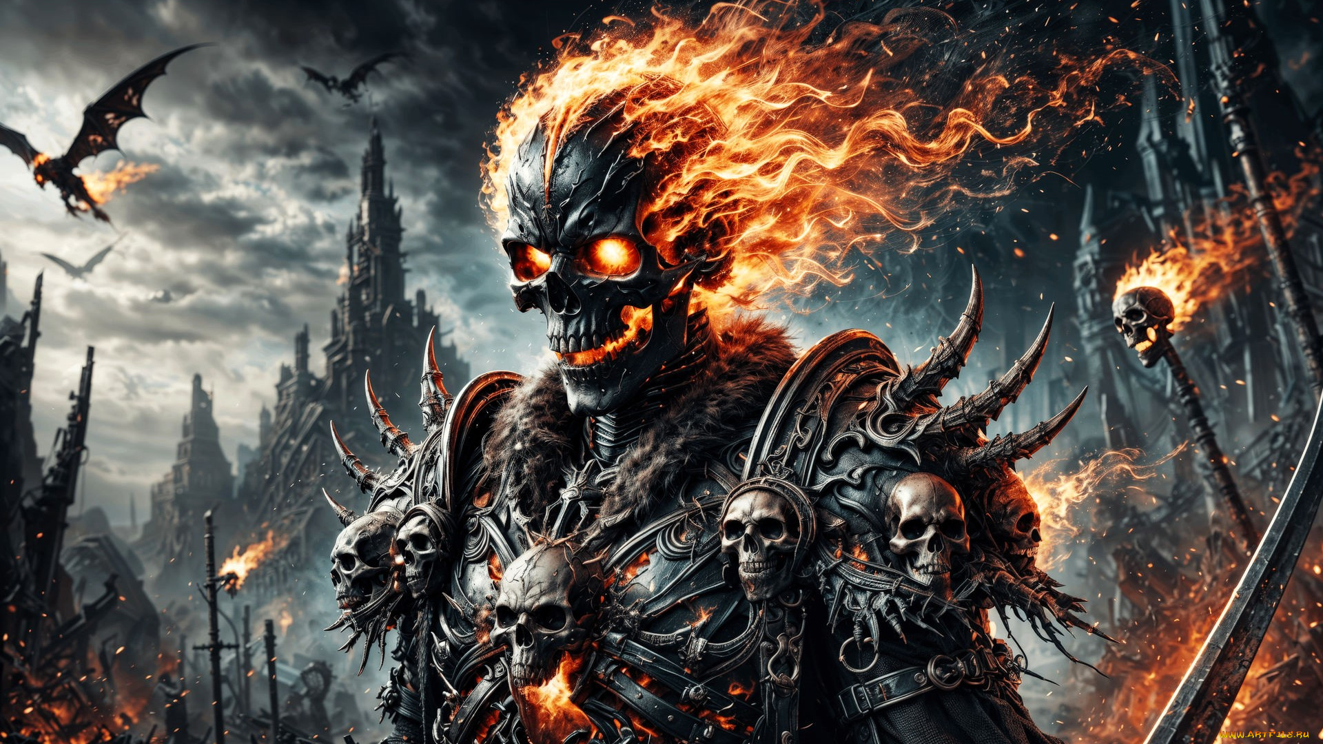 фэнтези, демоны, демон, огонь, черепа, оружие