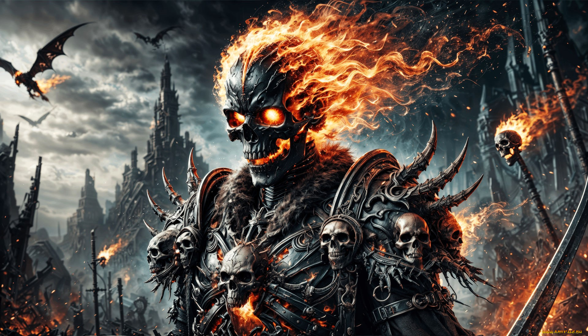 фэнтези, демоны, демон, огонь, черепа, оружие