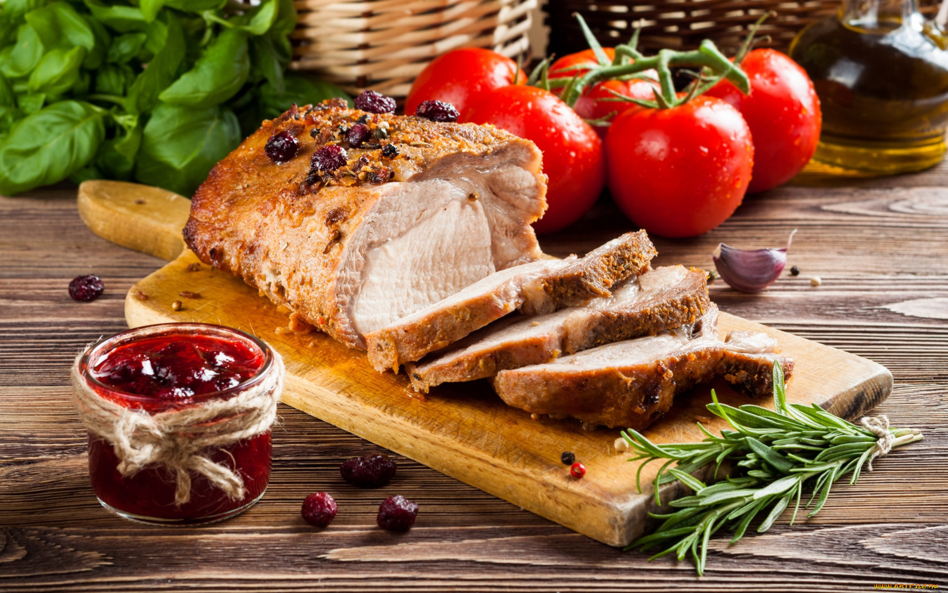 еда, мясные, блюда, мясо, буженина, джем, розмарин, помидоры, базилик
