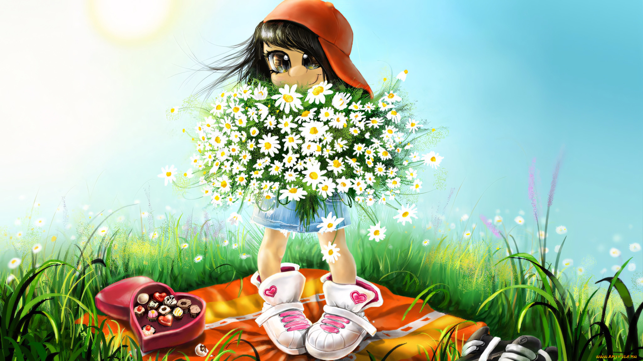 295821, рисованное, дети, девочка, в, кепке, держит, букет, ромашек