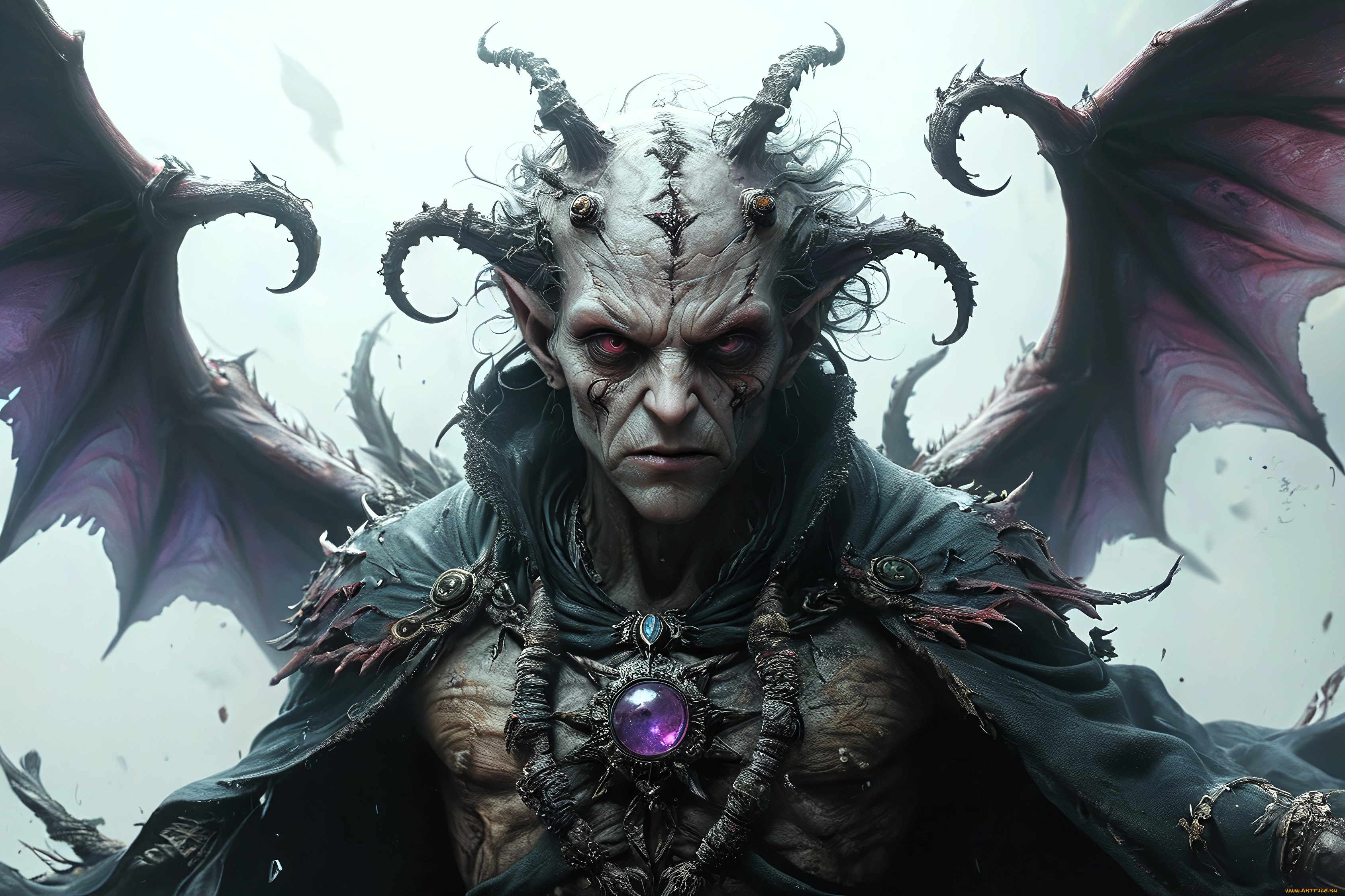 3д, графика, существа, , creatures, демон, крылья, плащ, рога, украшения