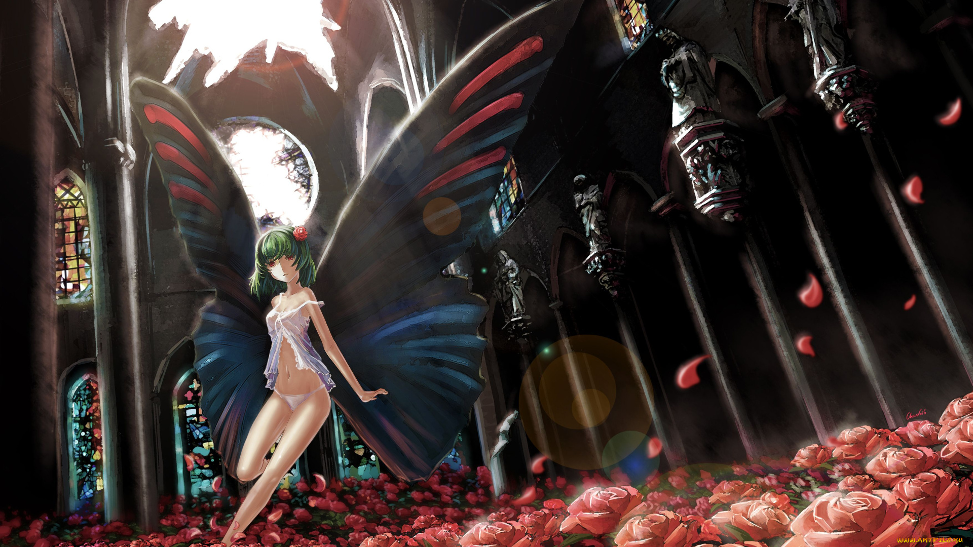 mahou, shoujo, madoka, magica, аниме, magika, девочка, цветы, бабочка, розы