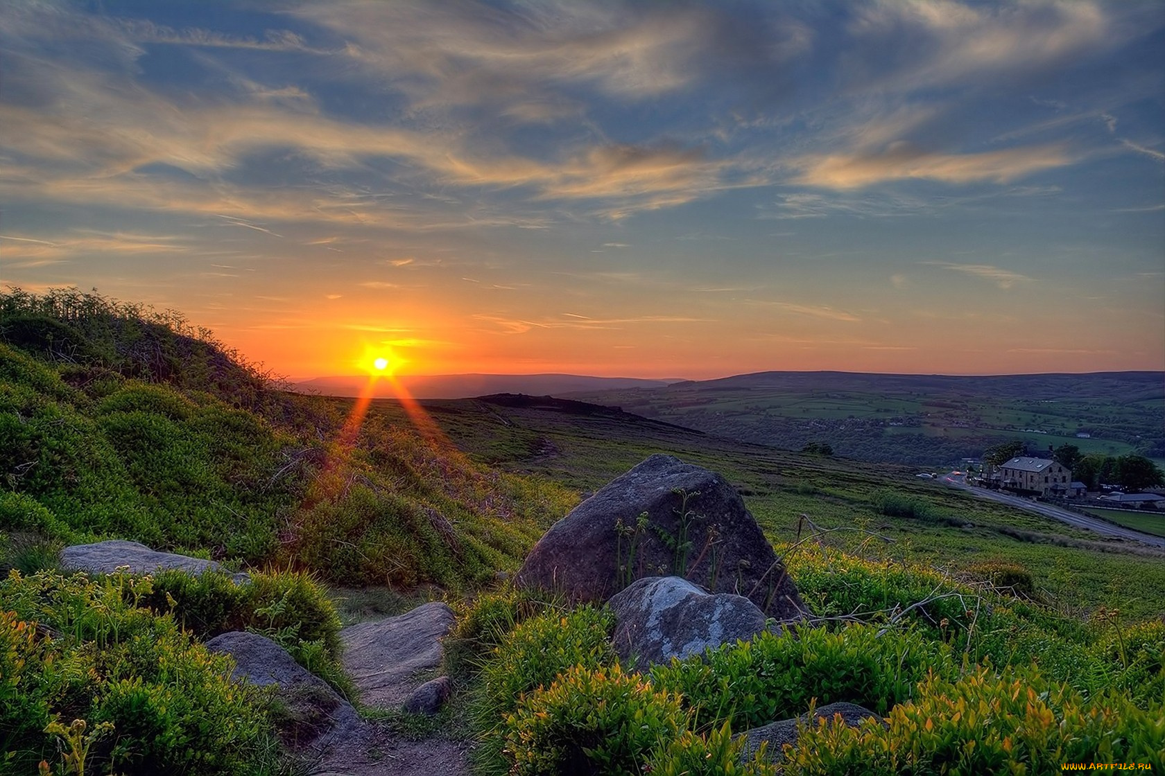 природа, восходы, закаты, солнце, лучи, камни, трава