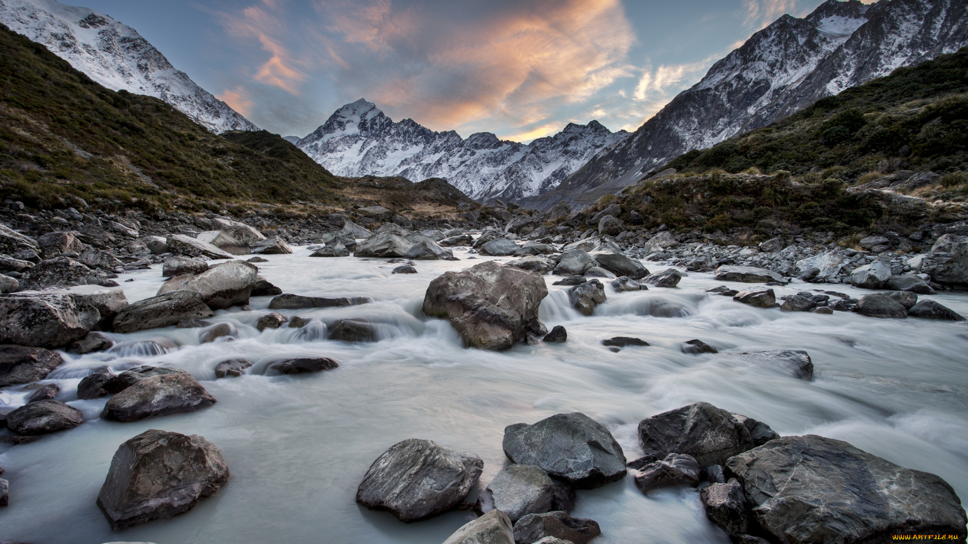 природа, реки, озера, new, zealand, новая, зеландия, hooker, river, mount, cook, national, park, камни, река, горы