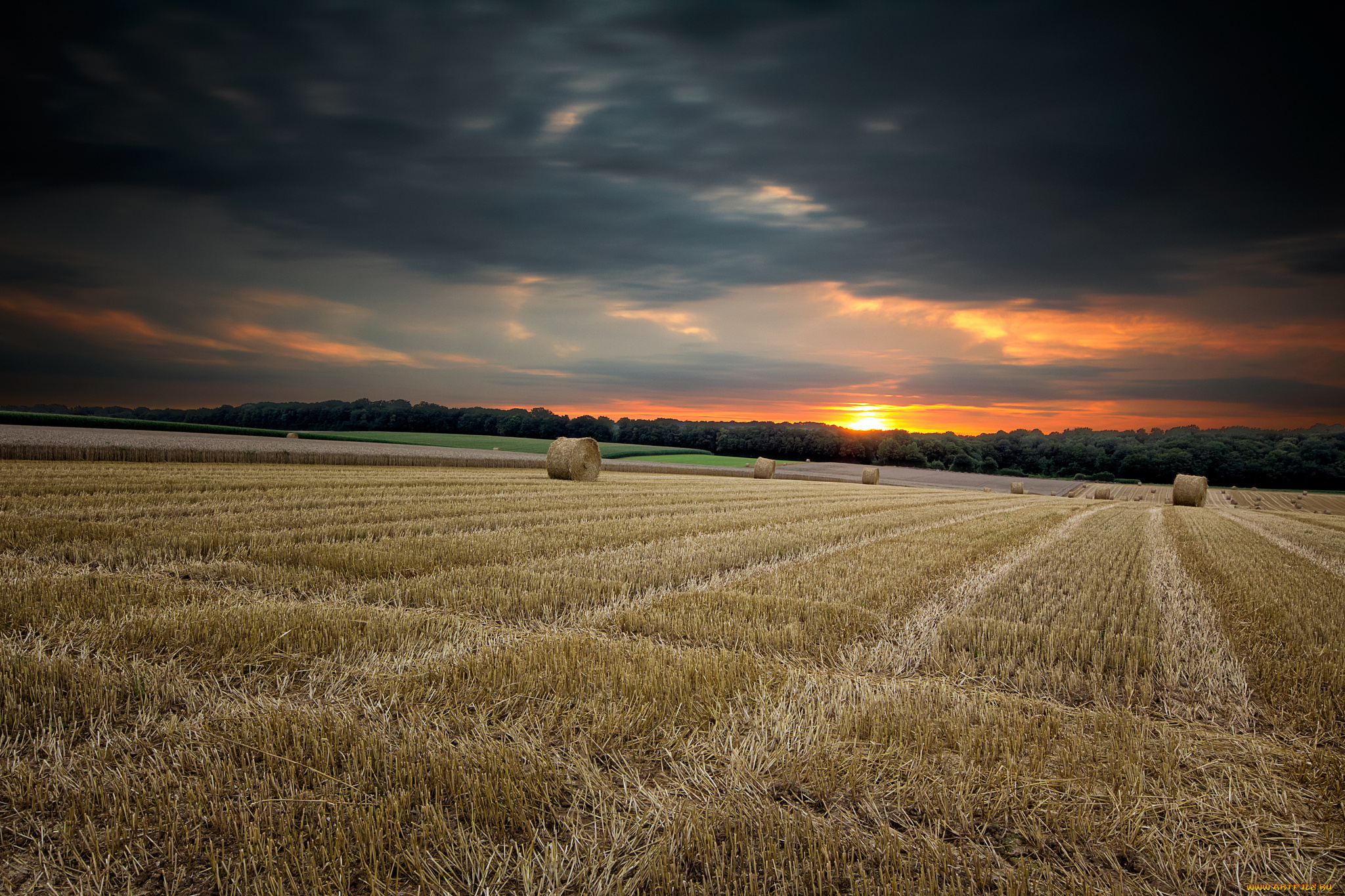 природа, поля, закат, пейзаж, жнивьё