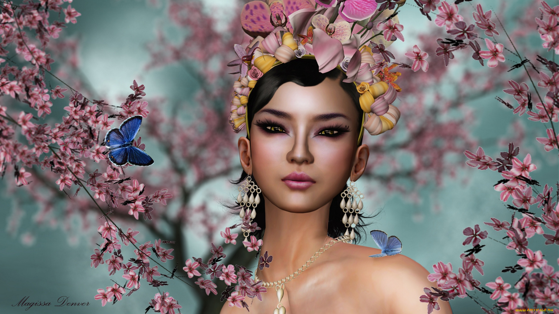 3д, графика, portraits, портрет, бабочка, цветы
