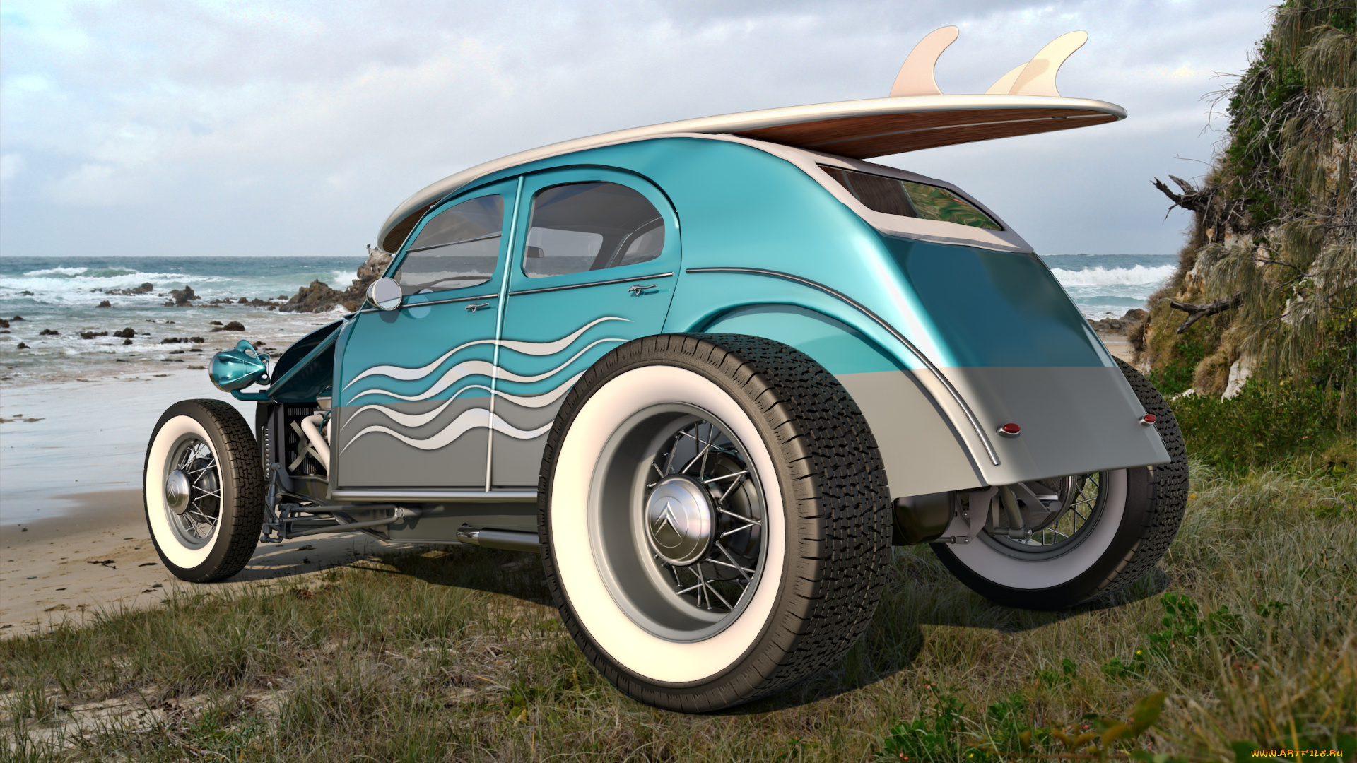 автомобили, 3д, море, автомобиль