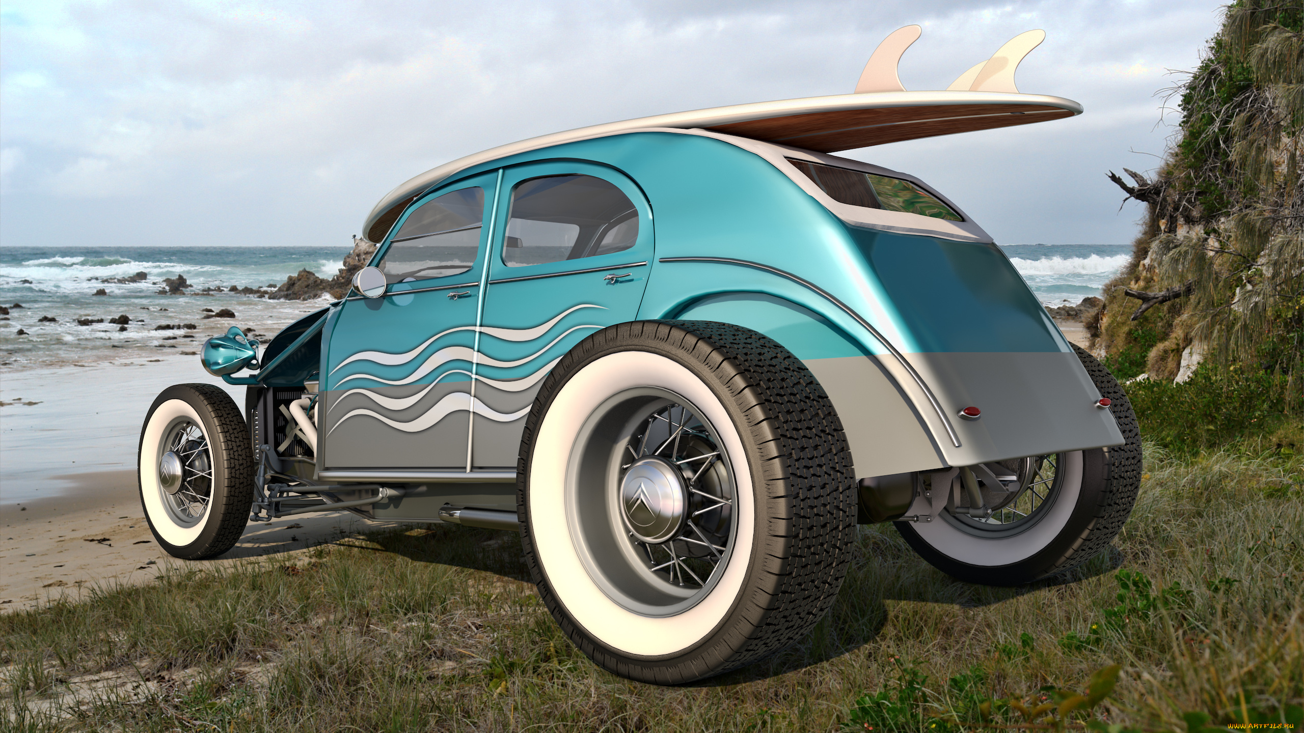 автомобили, 3д, море, автомобиль