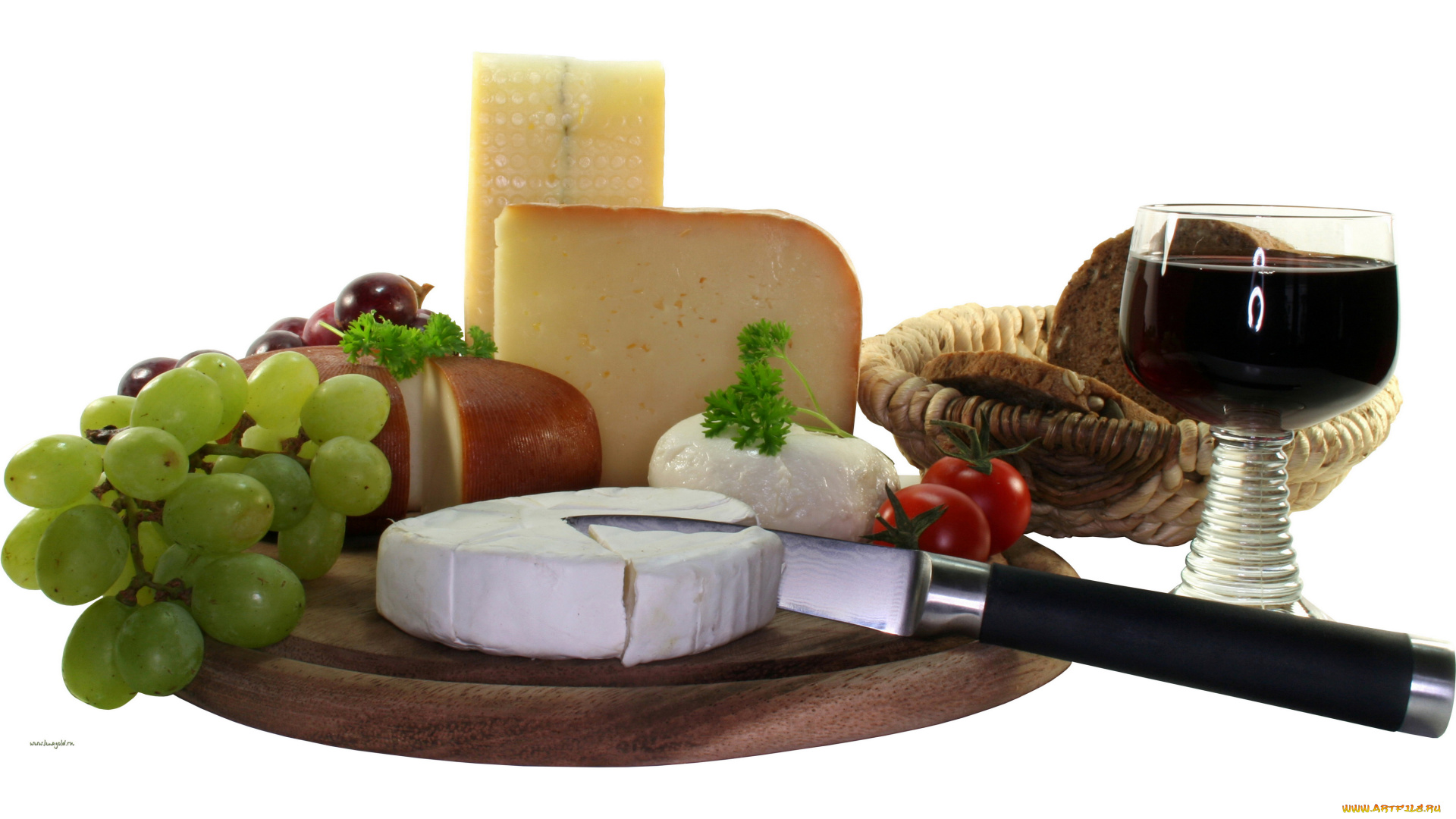 еда, натюрморт, хлеб, помидоры, виноград, бокал, вино, сыр
