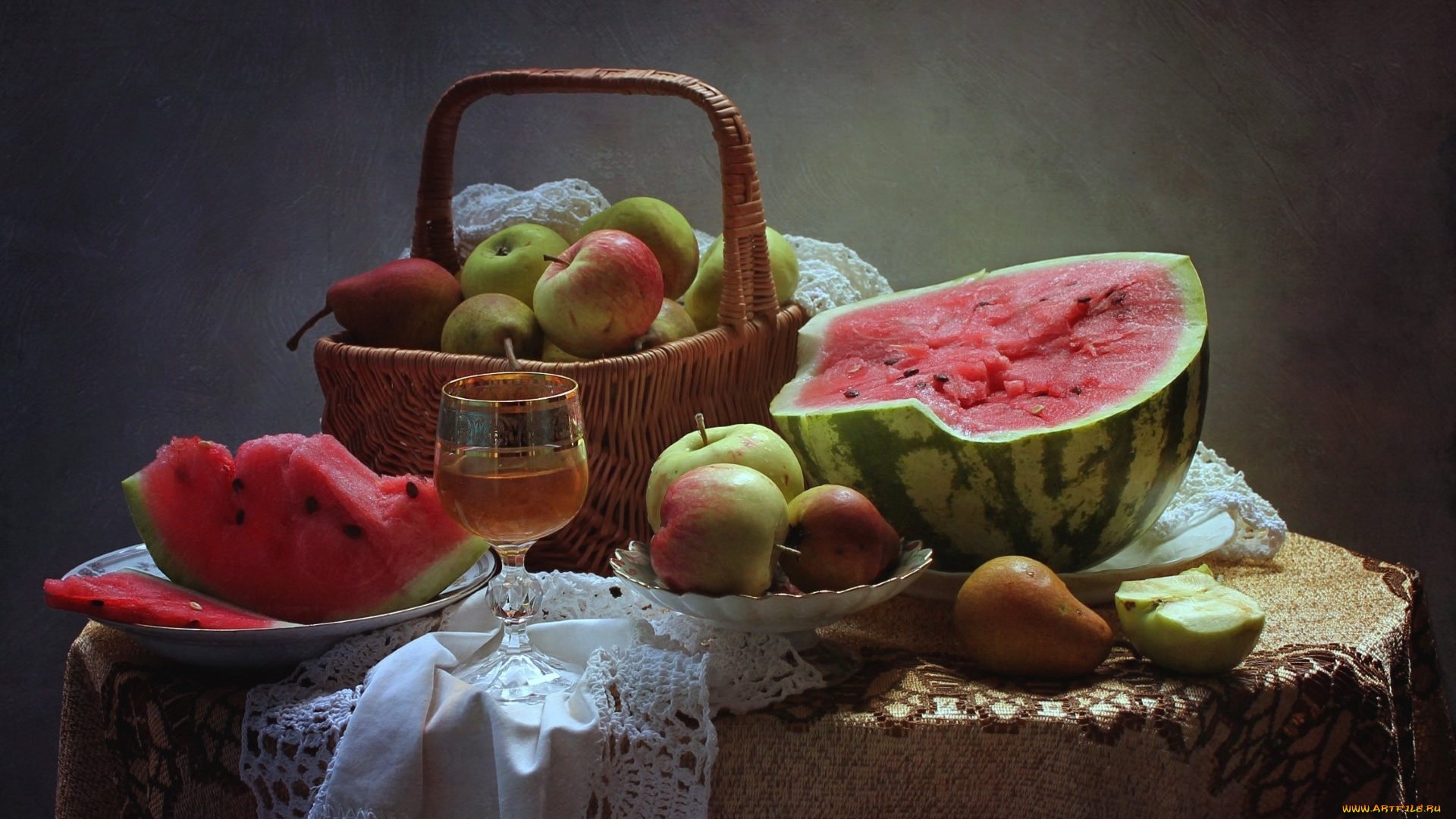 еда, фрукты, , ягоды, яблоки, бокал, корзина, груши, арбуз, натюрморт