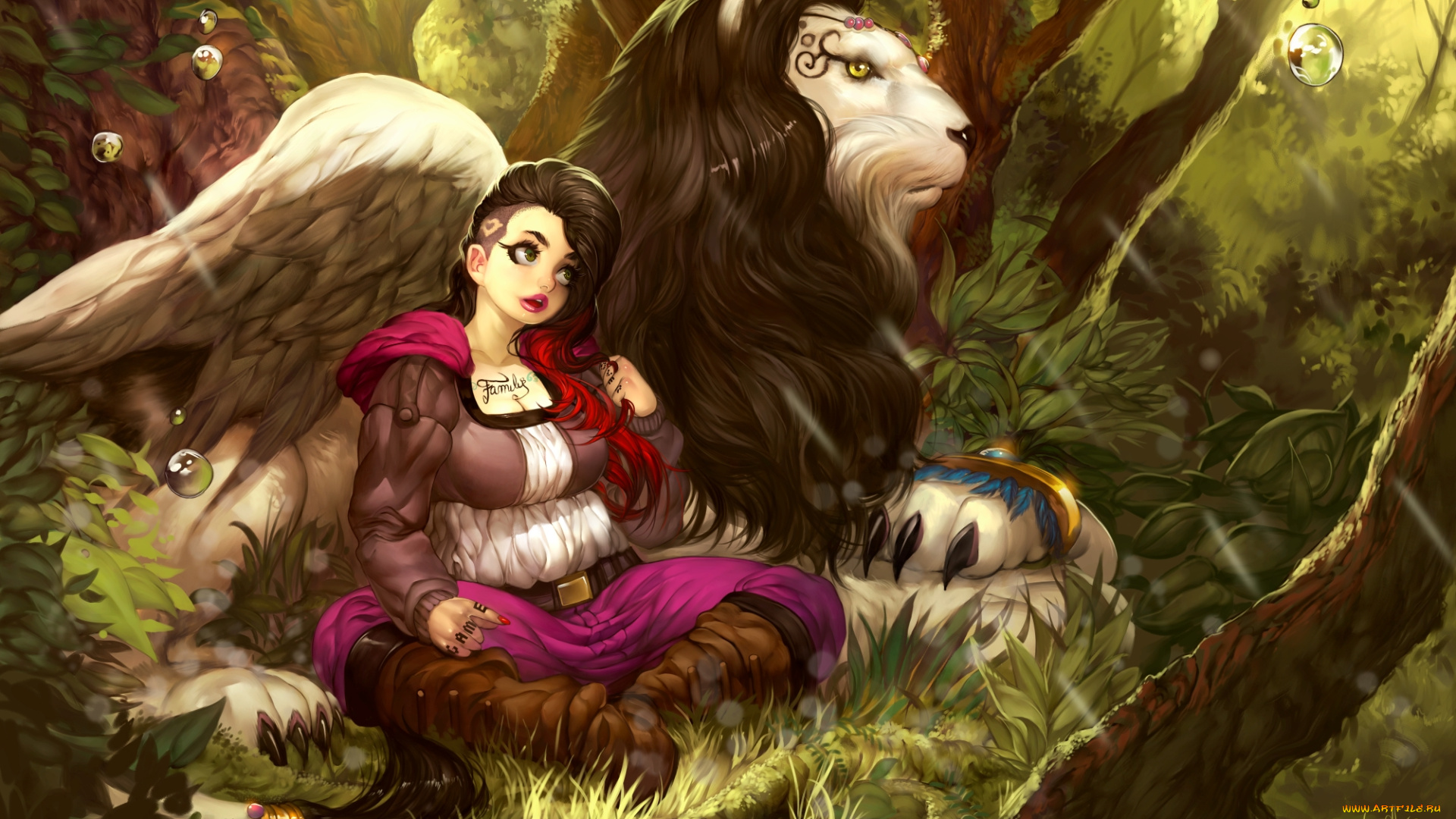 фэнтези, девушки, лес, лев, фон, взгляд, девушка