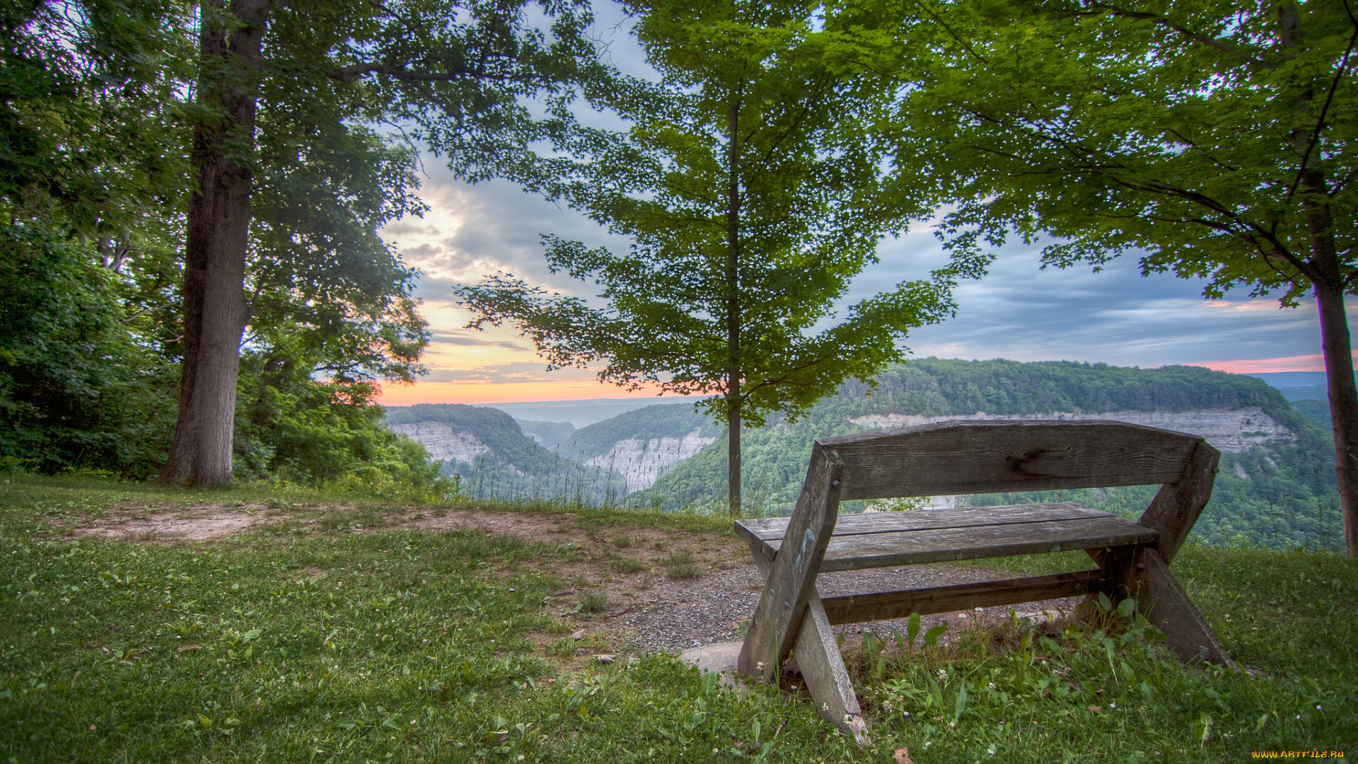 природа, пейзажи, скамейка, лес, горы