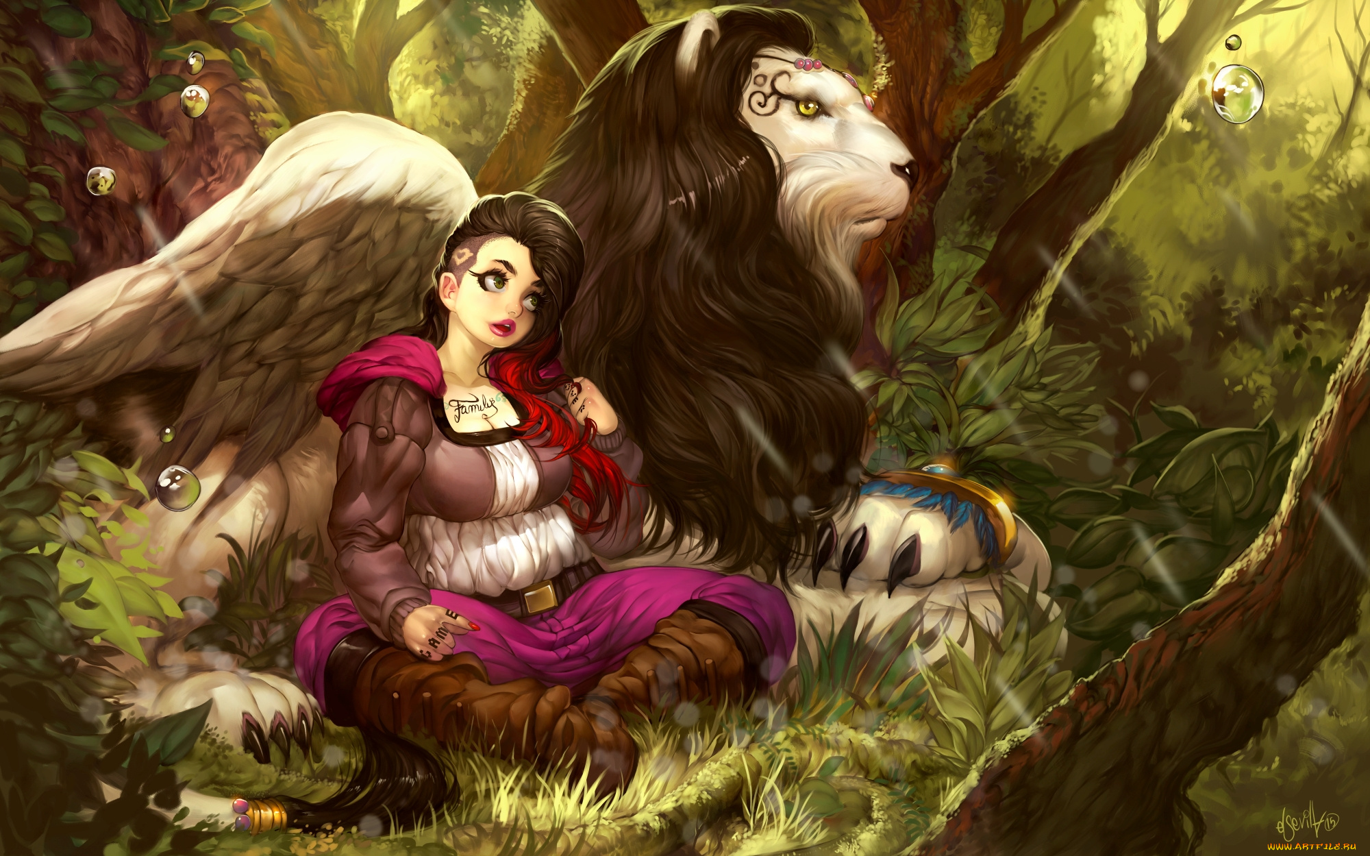 фэнтези, девушки, лес, лев, фон, взгляд, девушка