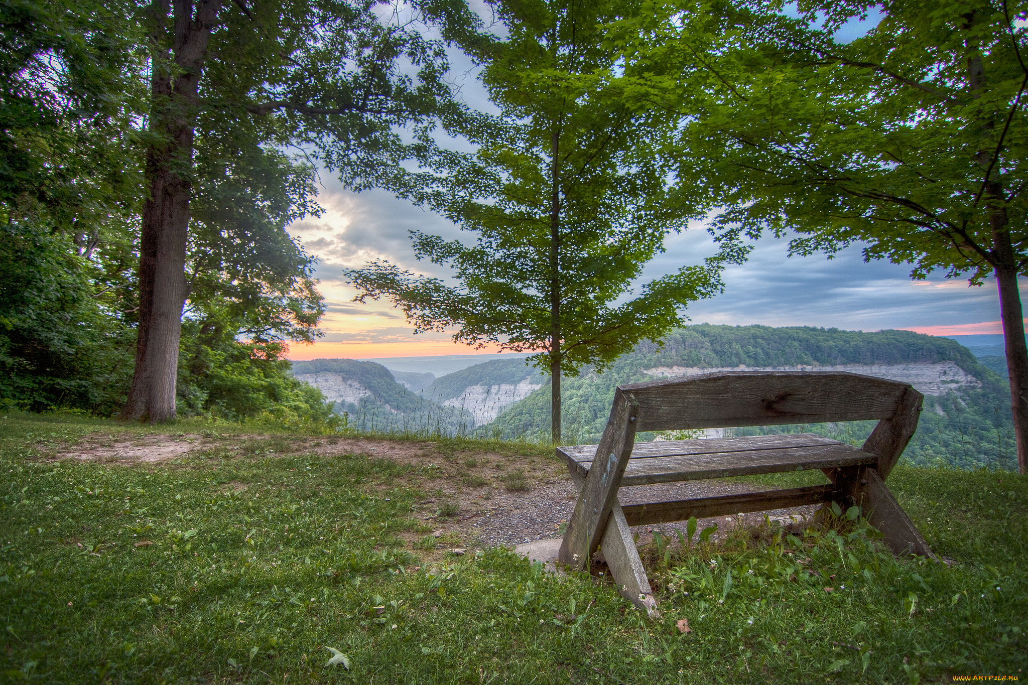 природа, пейзажи, скамейка, лес, горы