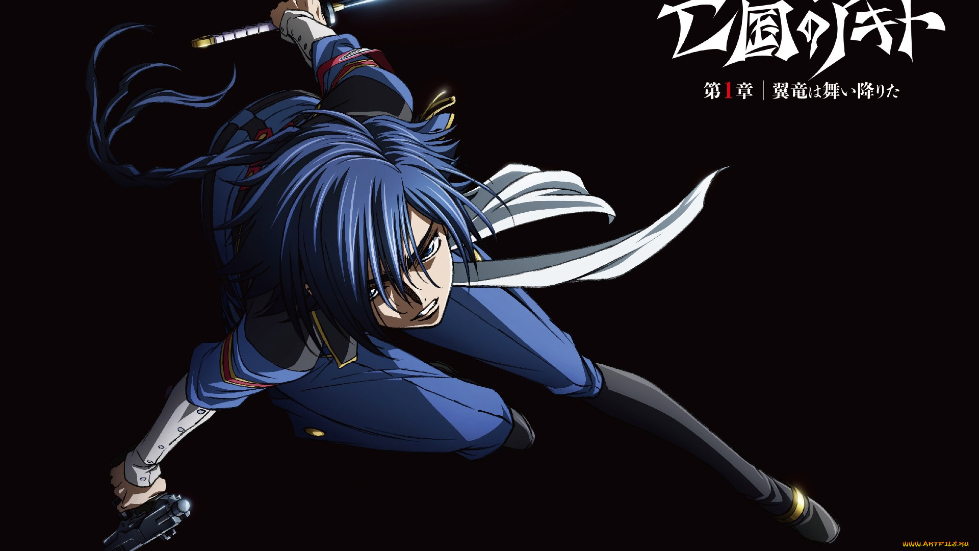 аниме, code, geass, maho, yoshikawa, атака, косичка, пистолет, code, geass, akito, hyuuga, отступник, акито, катана, иероглифы, черный, фон, art, the, exiled, код, гиас, военная, форма