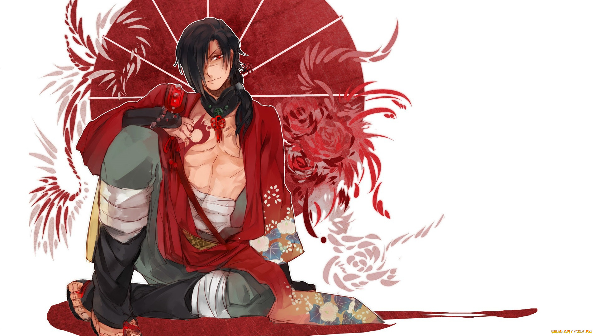 аниме, dramatical, murder, кимоно, dramatical, murder, драматическое, убийство, koujaku, art, красные, глаза, парень, белый, фон, honyarara, зонт, узор