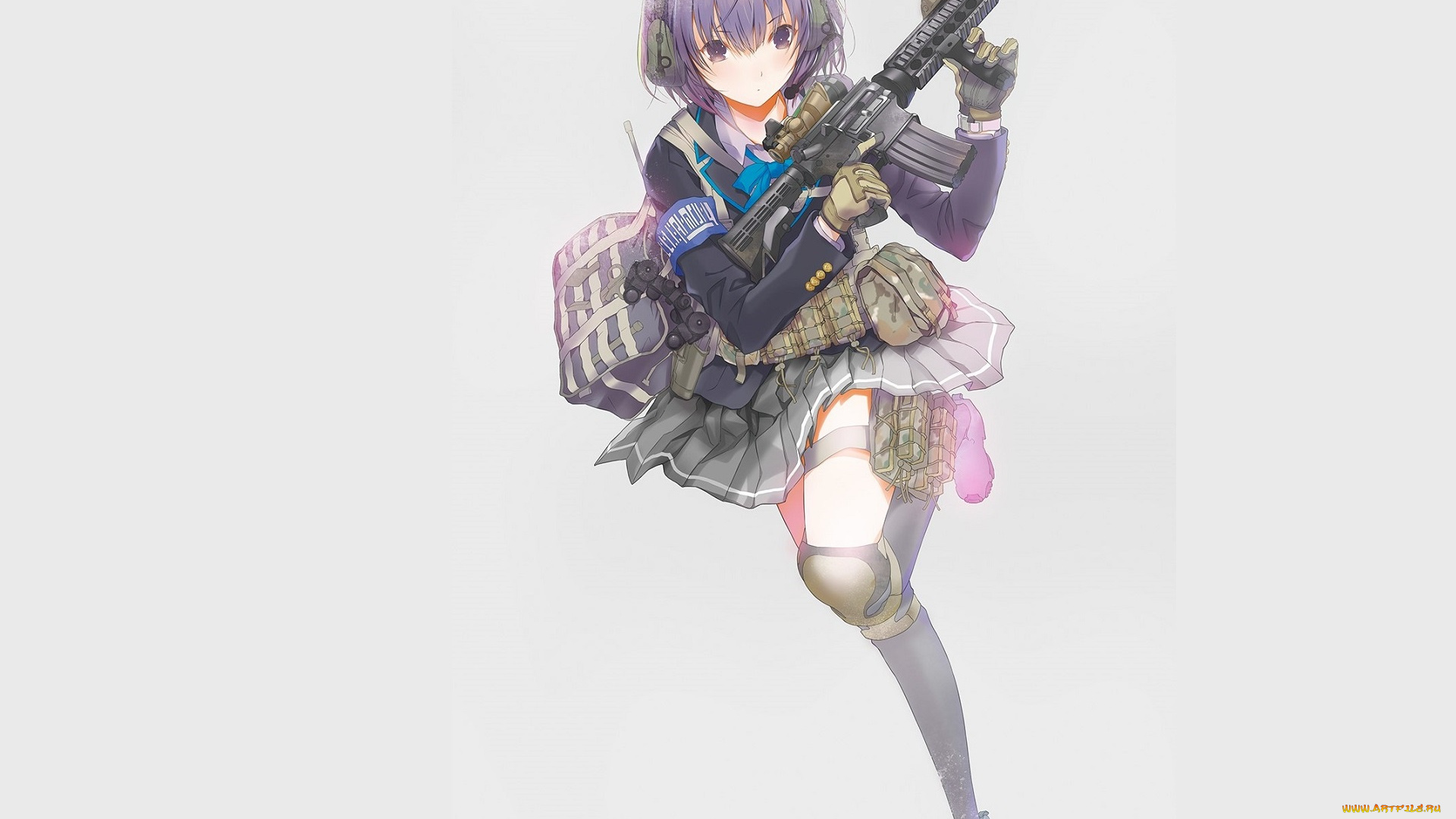 аниме, оружие, , техника, , технологии, школьница, haruaki, fuyuno, перчатки, art, кроссовки, экипировка, чулки, серый, фон, сумка, бинокль, автомат, наушники