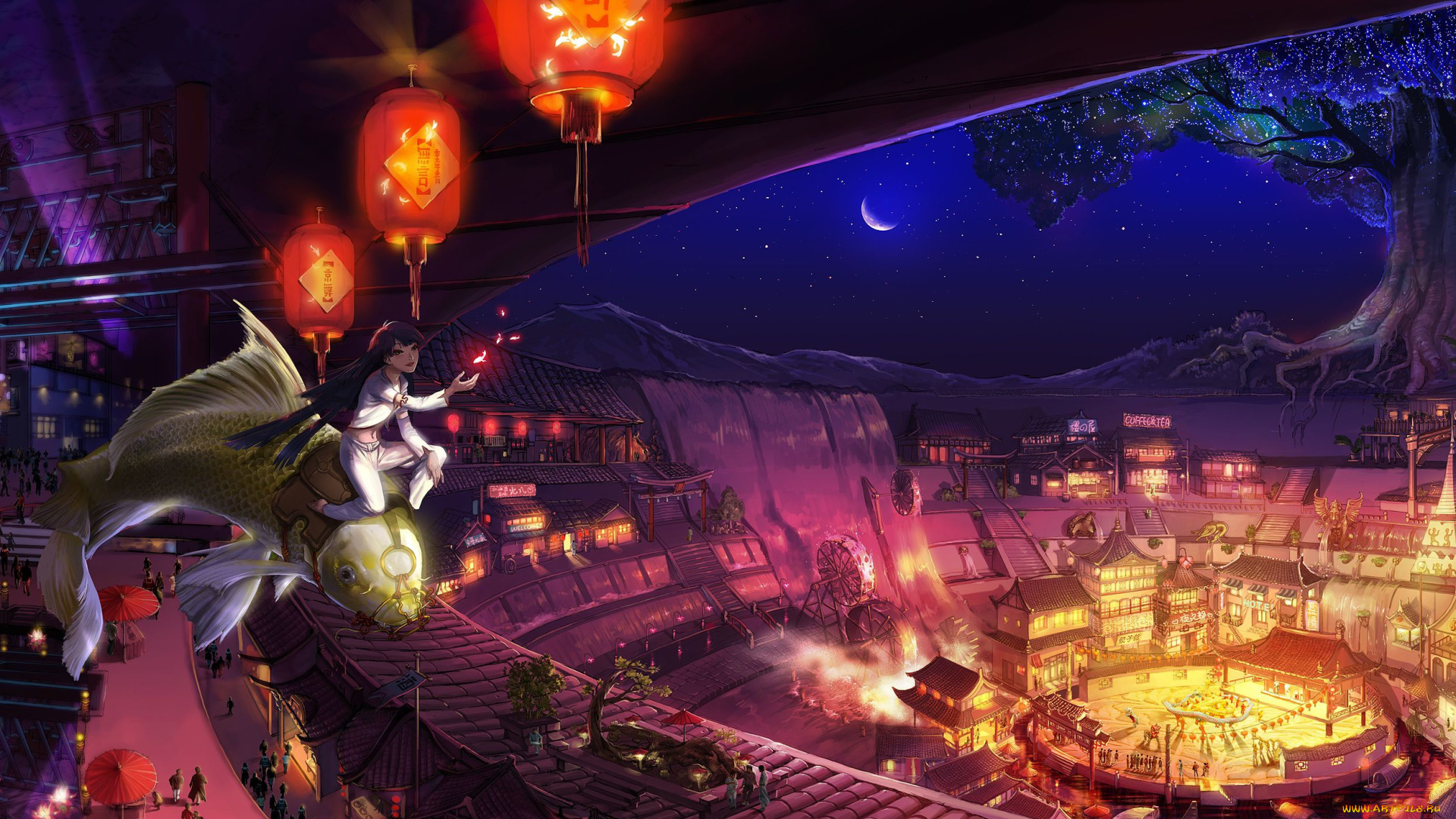 аниме, животные, , существа, месяц, рыба, водопад, люди, город, ночь, седло, фонари, площадь, цирк, большое, дерево, водяная, мельница, арена, двочка
