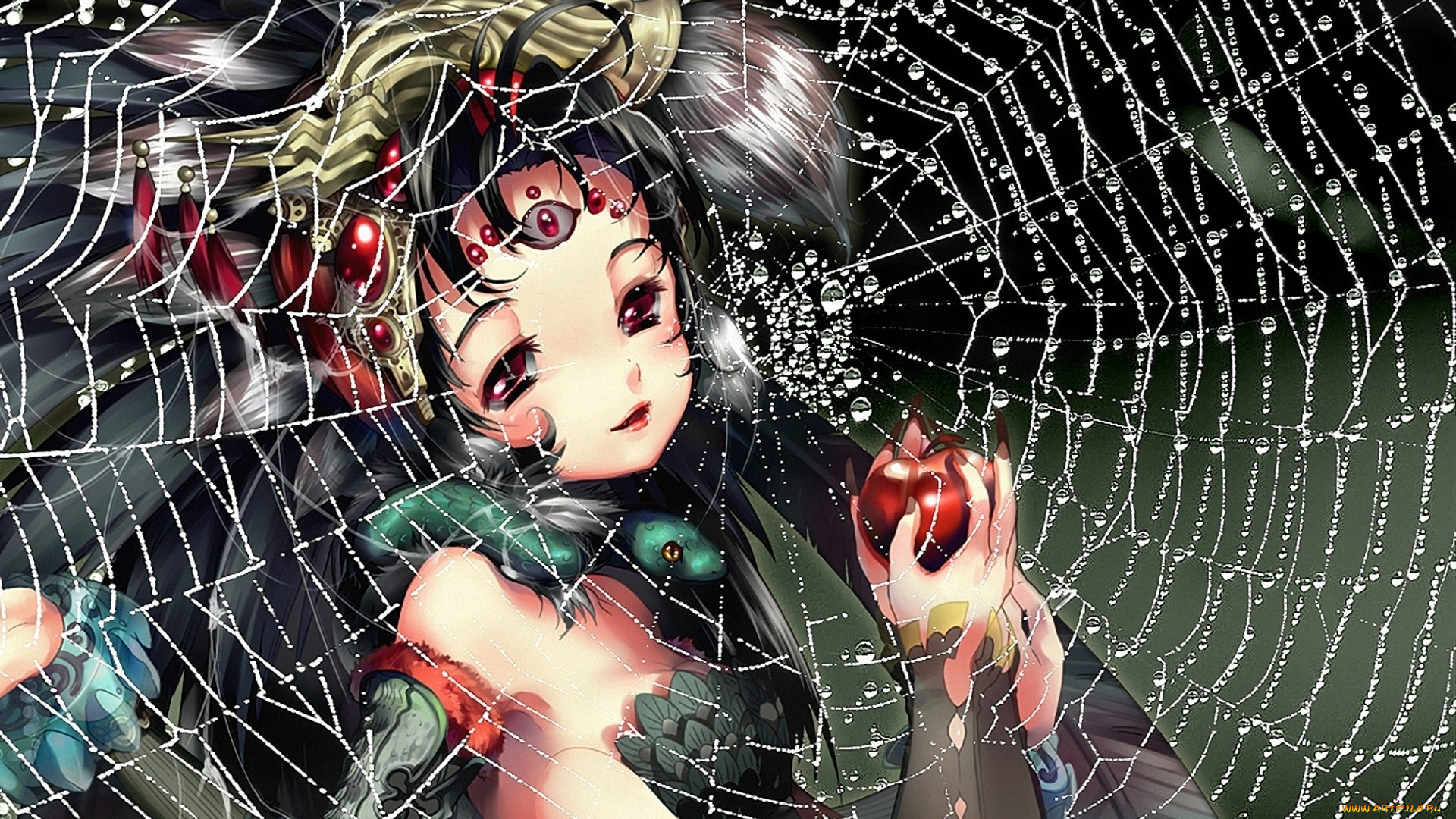 аниме, животные, , существа, яблоко, лицо, капли, длинные, волосы, когти, девочка, руки, паутина, spider, girl, третий, глаз