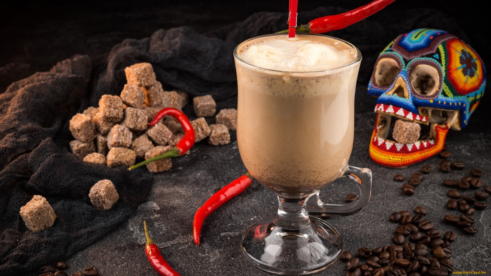 еда, кофе, , кофейные, зёрна, перец, сахар, череп, бокал