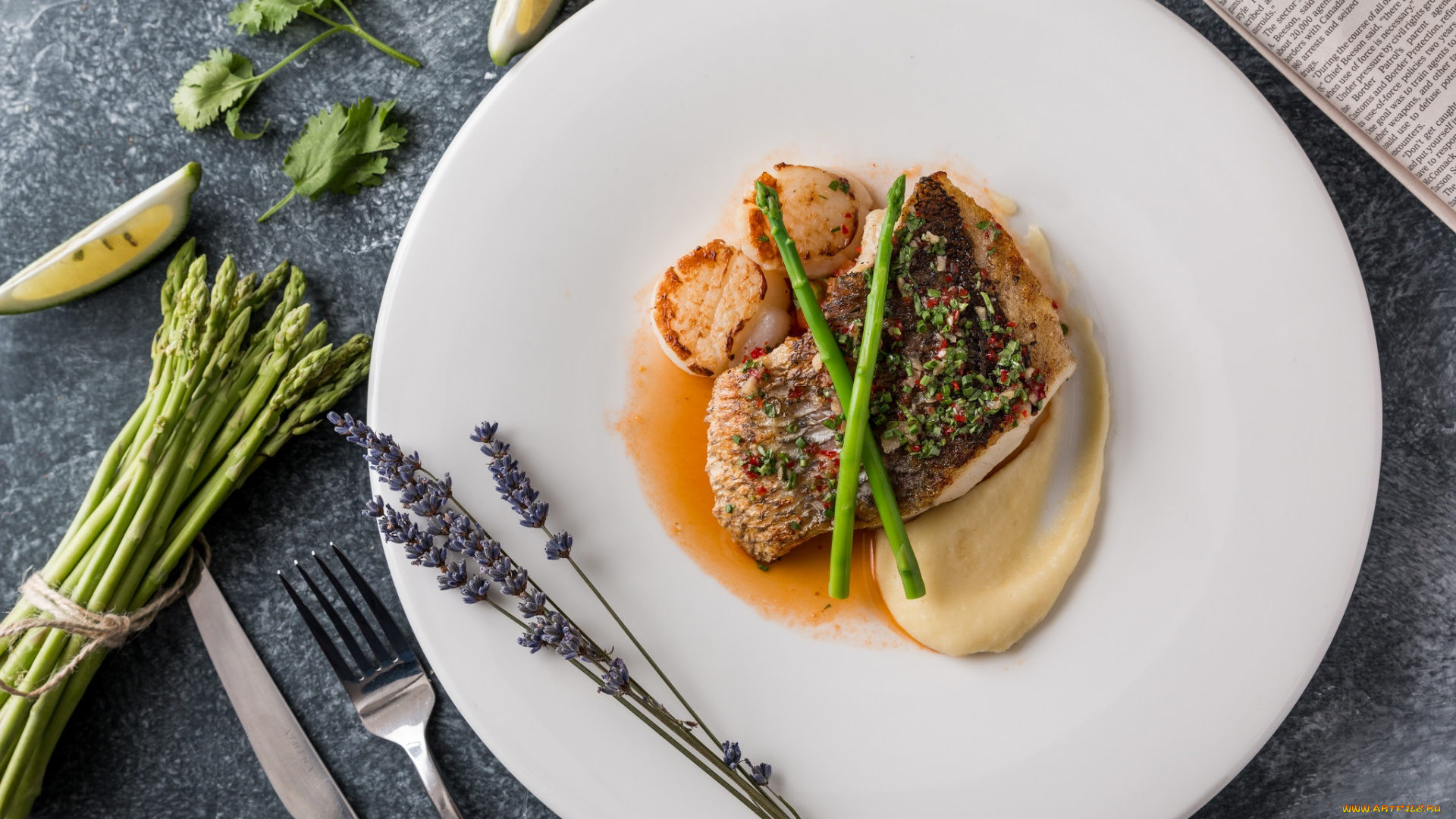 еда, мясные, блюда, спаржа, мясо, лаванда