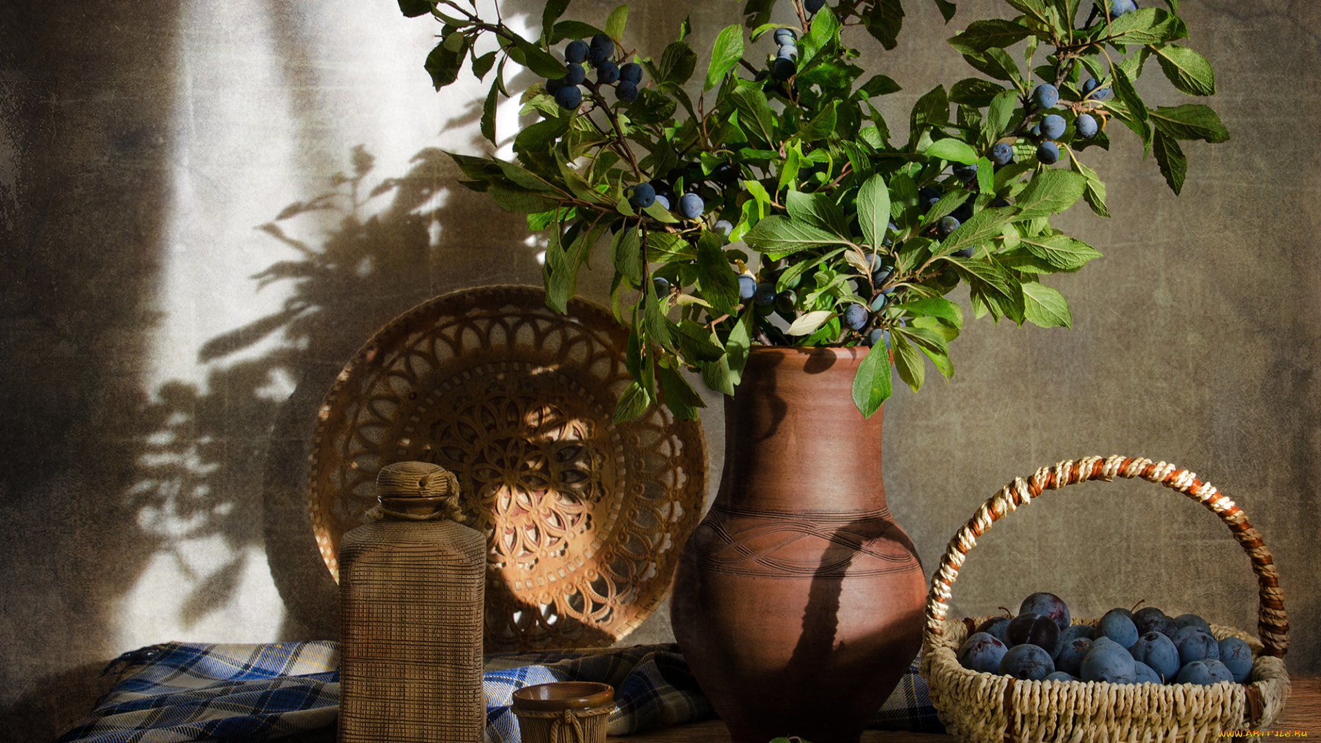 еда, персики, , сливы, , абрикосы, кувшин, корзина, штоф, тёрн, слива