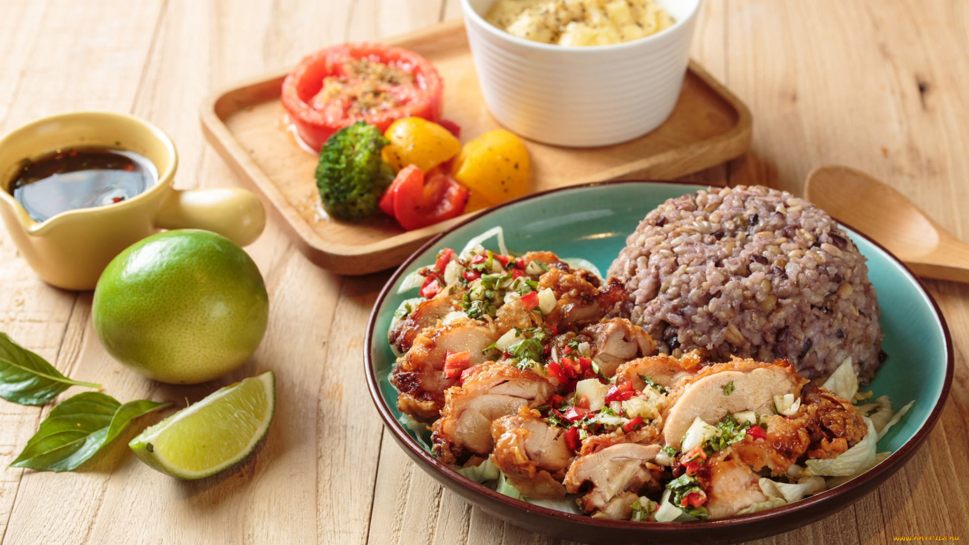 еда, вторые, блюда, рис, мясо, лайм, соус, овощи