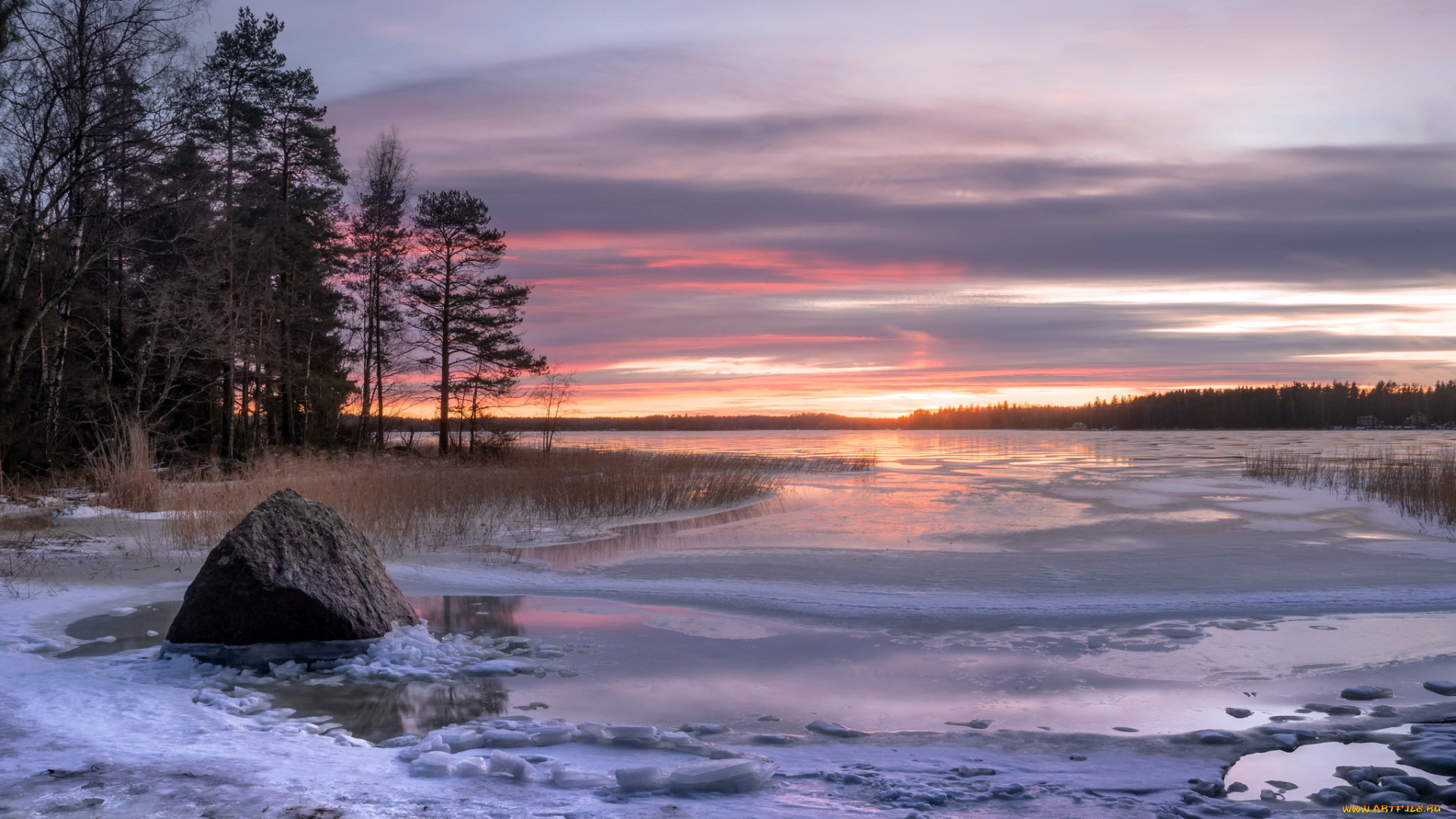 природа, восходы, закаты, озеро, лёд, закат