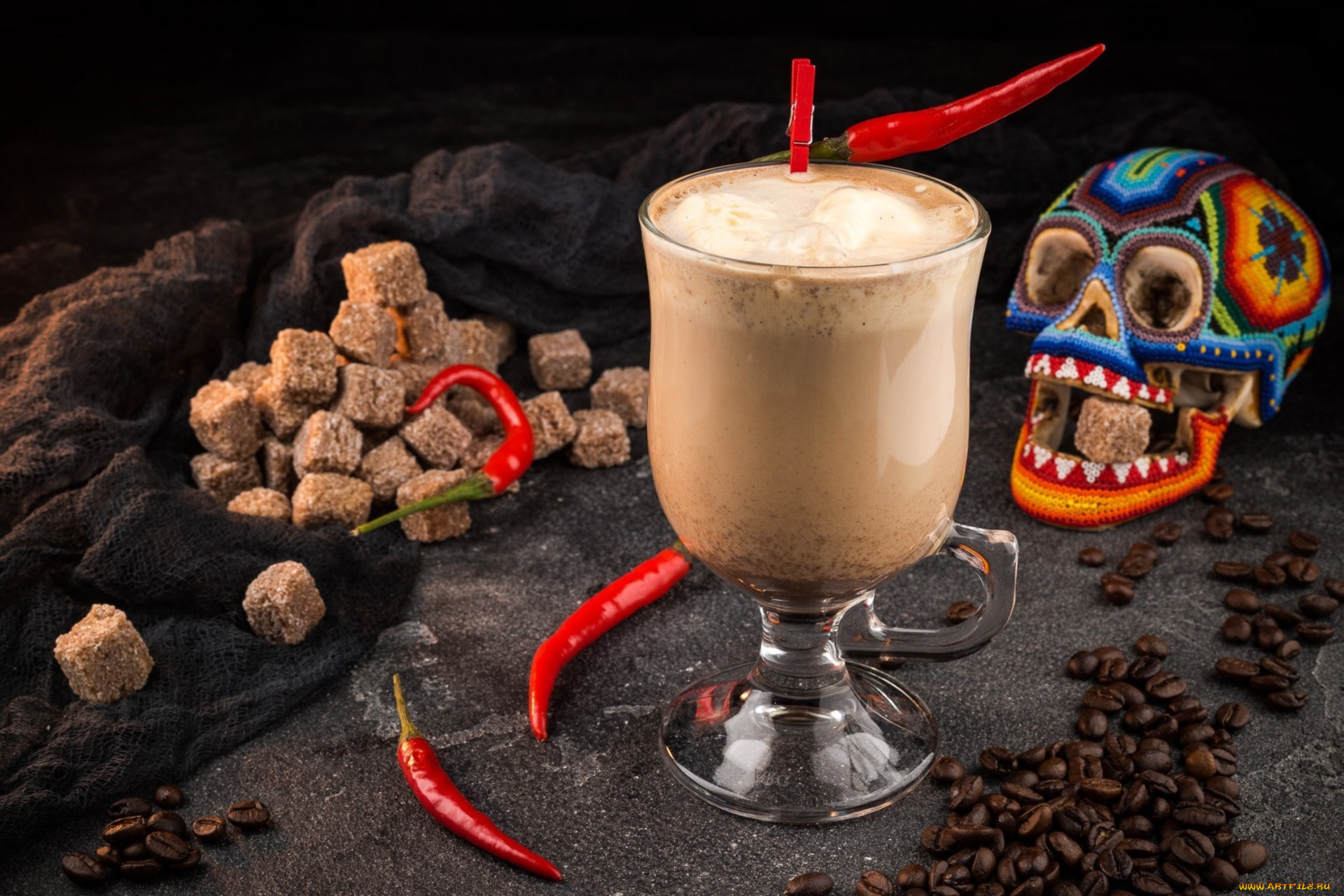 еда, кофе, , кофейные, зёрна, перец, сахар, череп, бокал