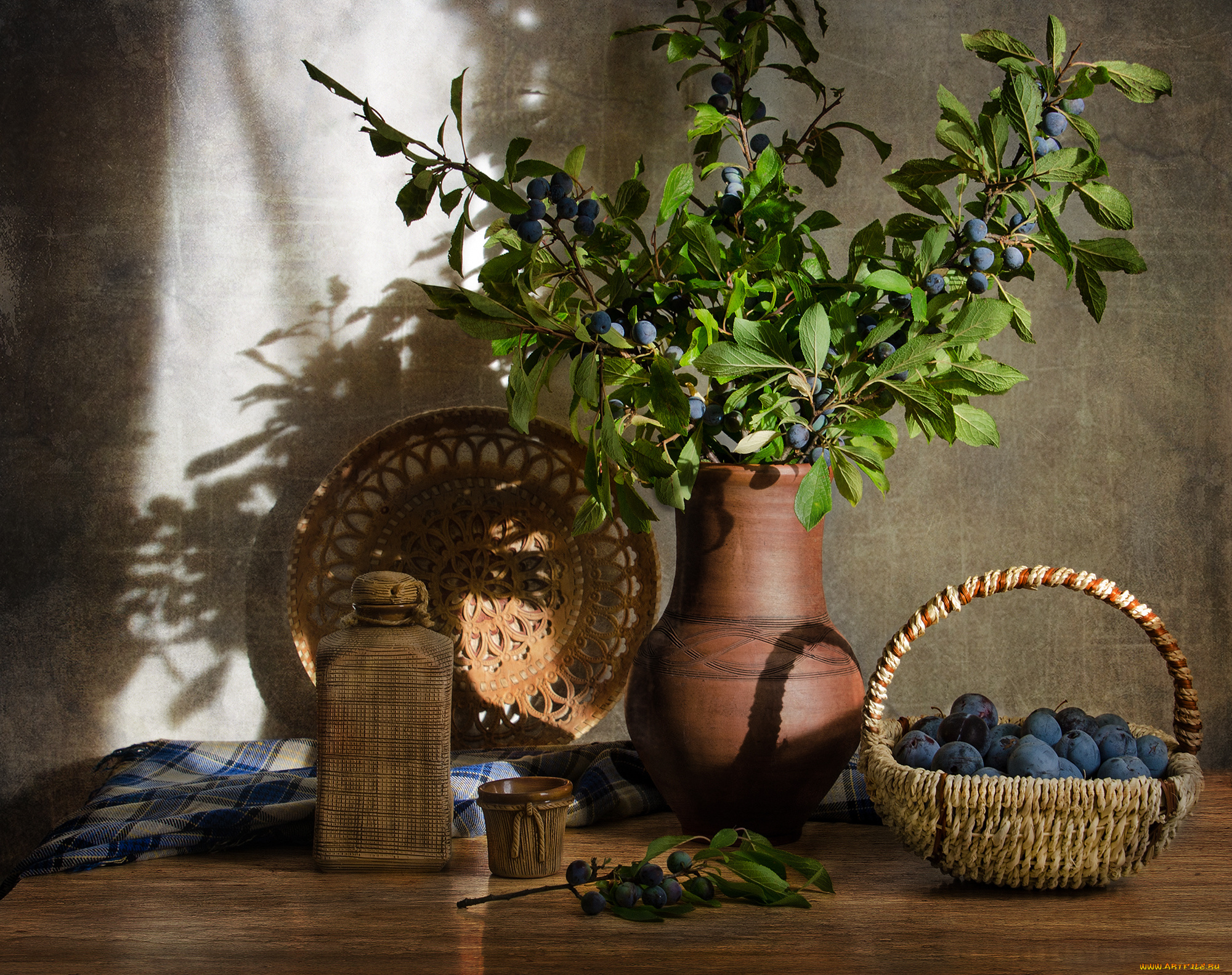 еда, персики, , сливы, , абрикосы, кувшин, корзина, штоф, тёрн, слива