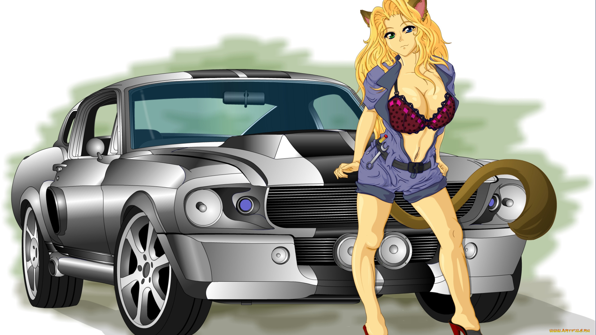 аниме, оружие, , техника, , технологии, существо, уши, автомобиль, фон, девушка