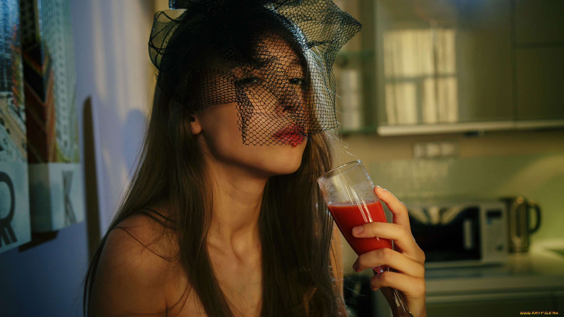 девушки, mila, azul, сок, фужер, вуаль, взгляд, фон, девушка