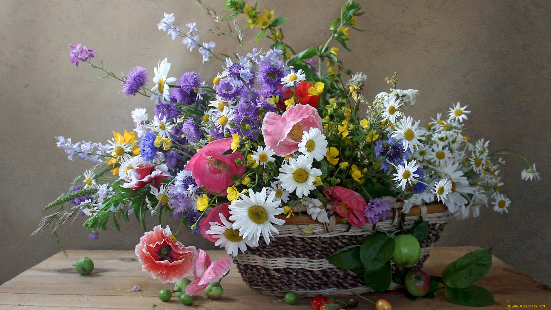 еда, натюрморт, букет, мак, лето, ромашки