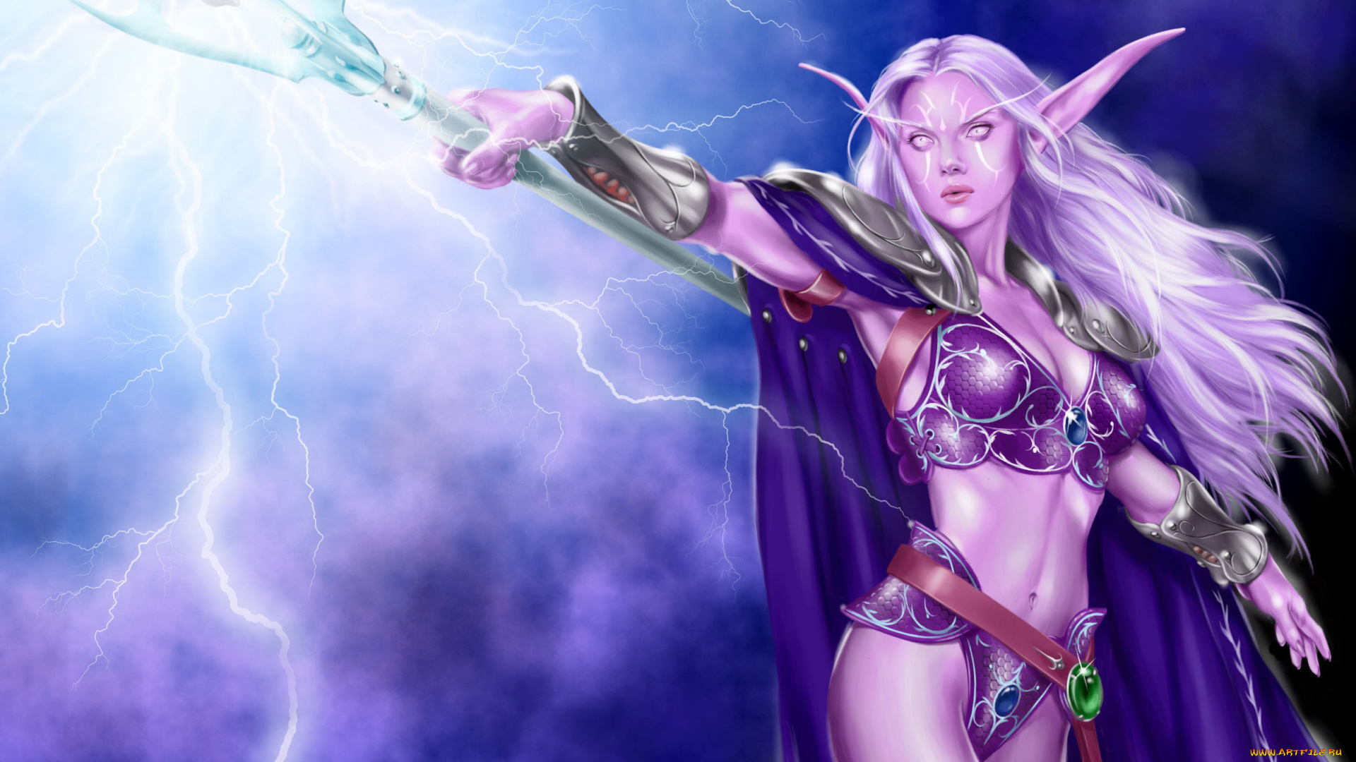 видео, игры, world, of, warcraft, девушка, посох, эльф, взгляд, фон