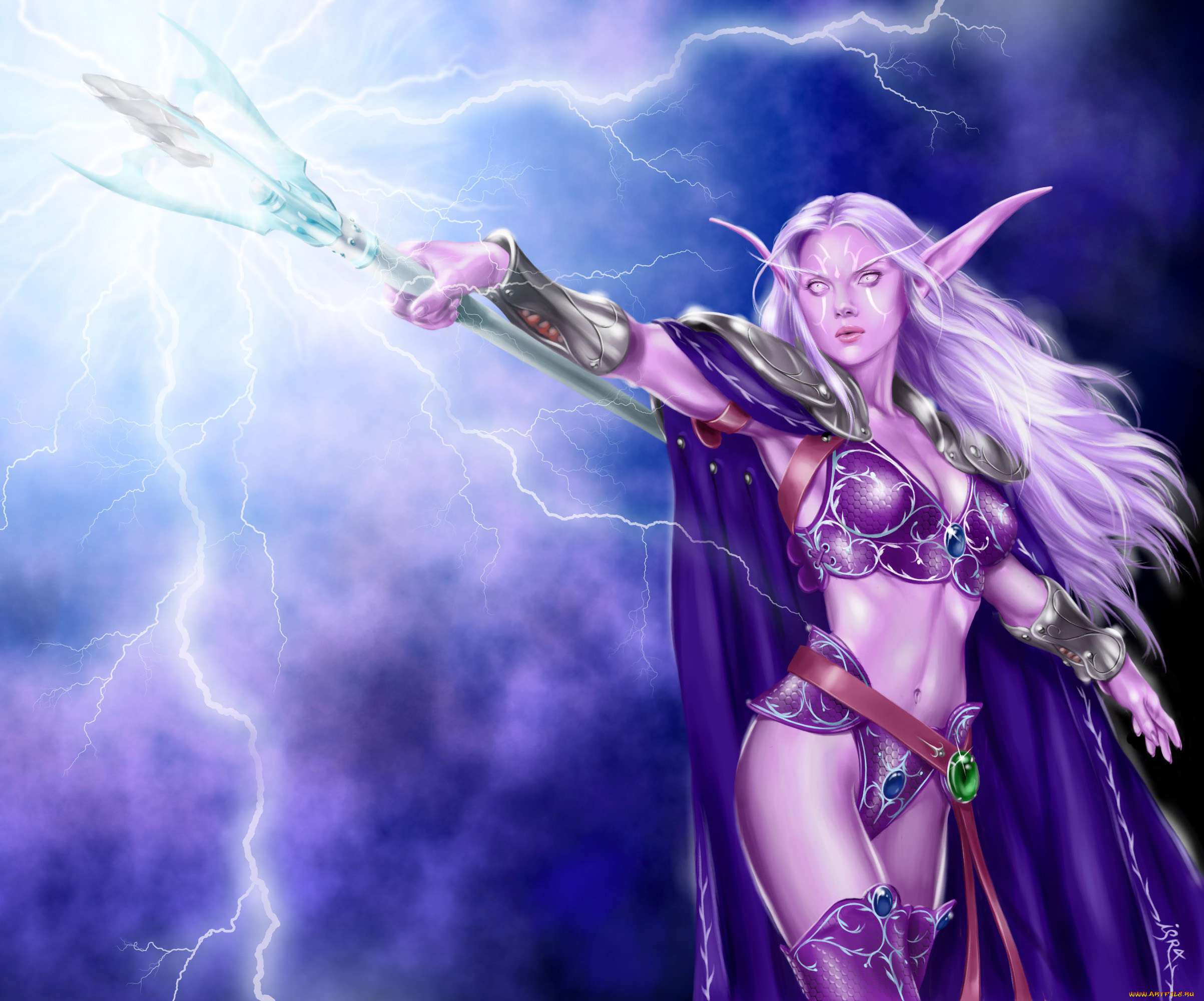 видео, игры, world, of, warcraft, девушка, посох, эльф, взгляд, фон