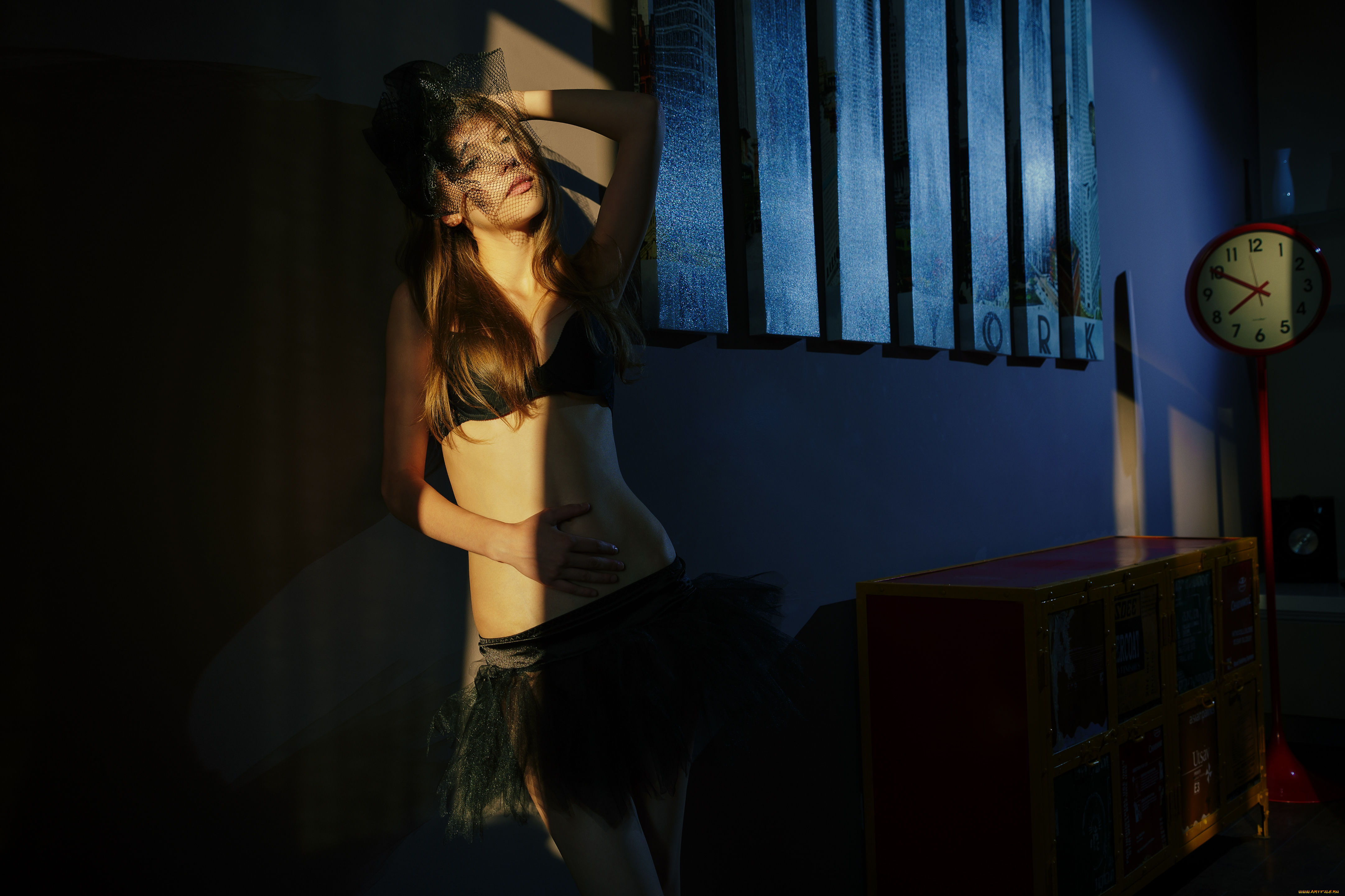 девушки, mila, azul, фон, девушка, часы, вуаль, взгляд