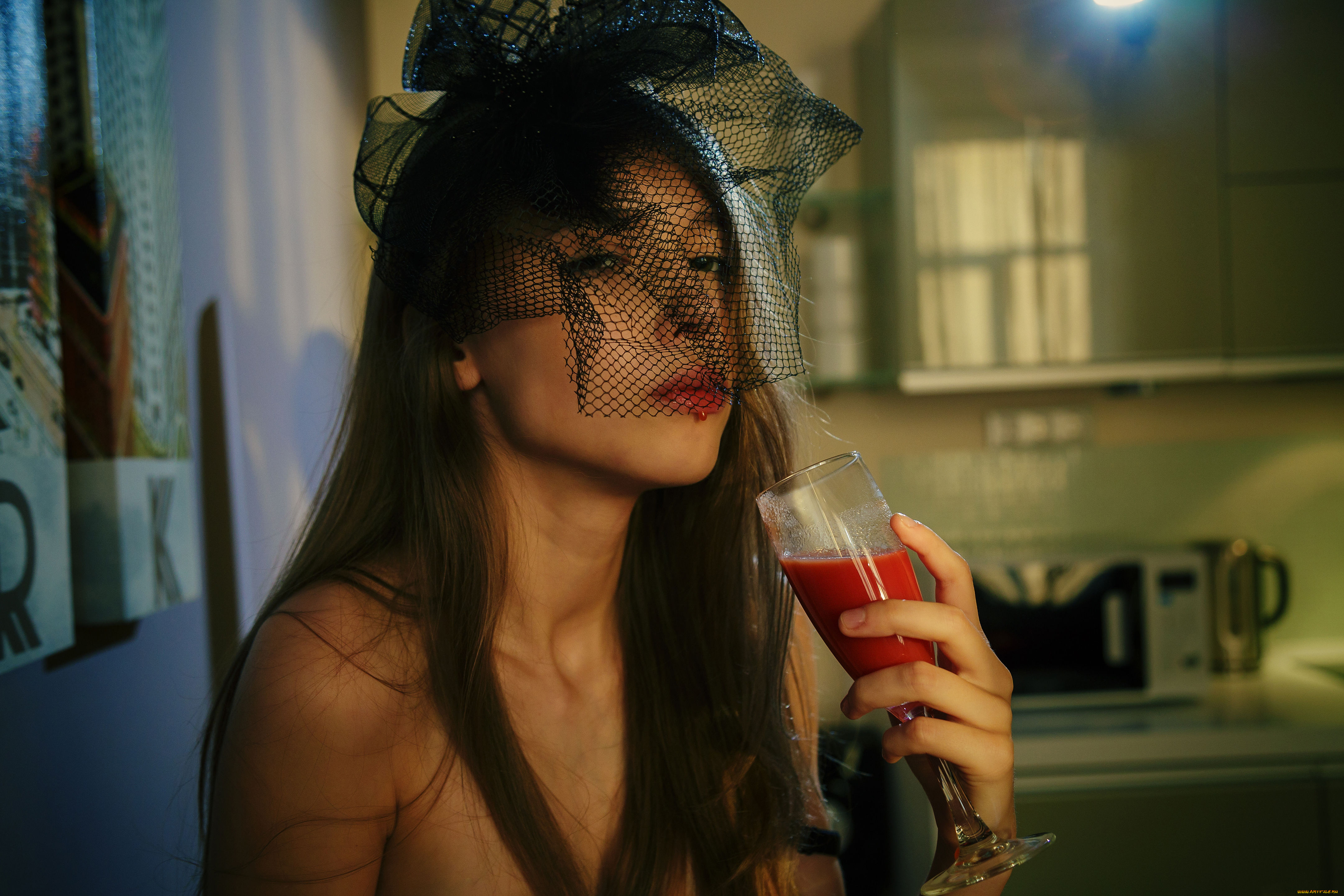 девушки, mila, azul, сок, фужер, вуаль, взгляд, фон, девушка