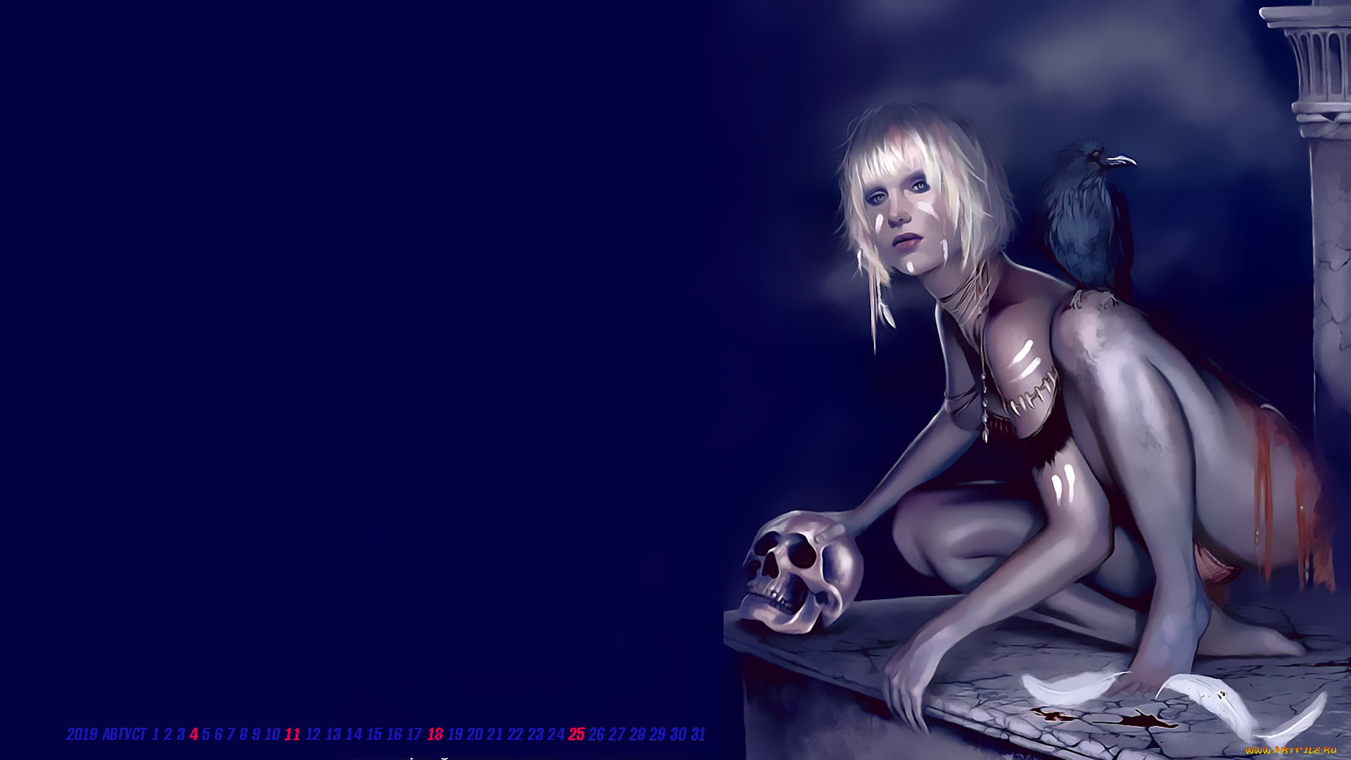 календари, фэнтези, 2019, череп, девушка, птица, женщина, calendar