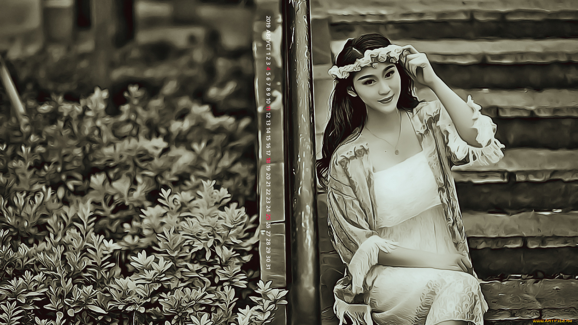 календари, компьютерный, дизайн, взгляд, женщина, растение, ступени, девушка, венок, 2019, calendar